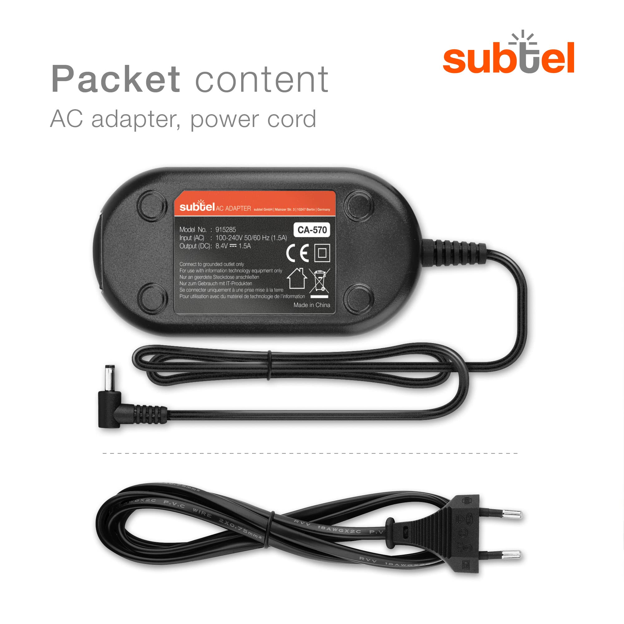 subtel Alimentatore CA-570 compatibile con ca. 3m Adattatore, Alimentazione da corrente di rete Caricatore, Cavo Ricarica