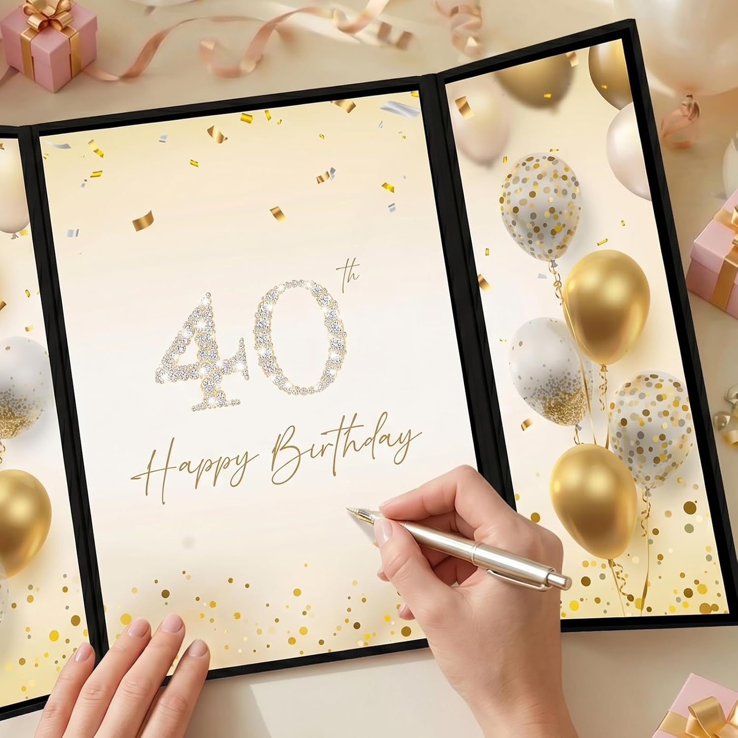 ArtSocket Birthday Party Decoration Guest Book Black and Gold 40th | 40th Happy Birthday Guest Sign in Book Perfect Signature Cardboard Party Supplies Great Birthday Gift for Women