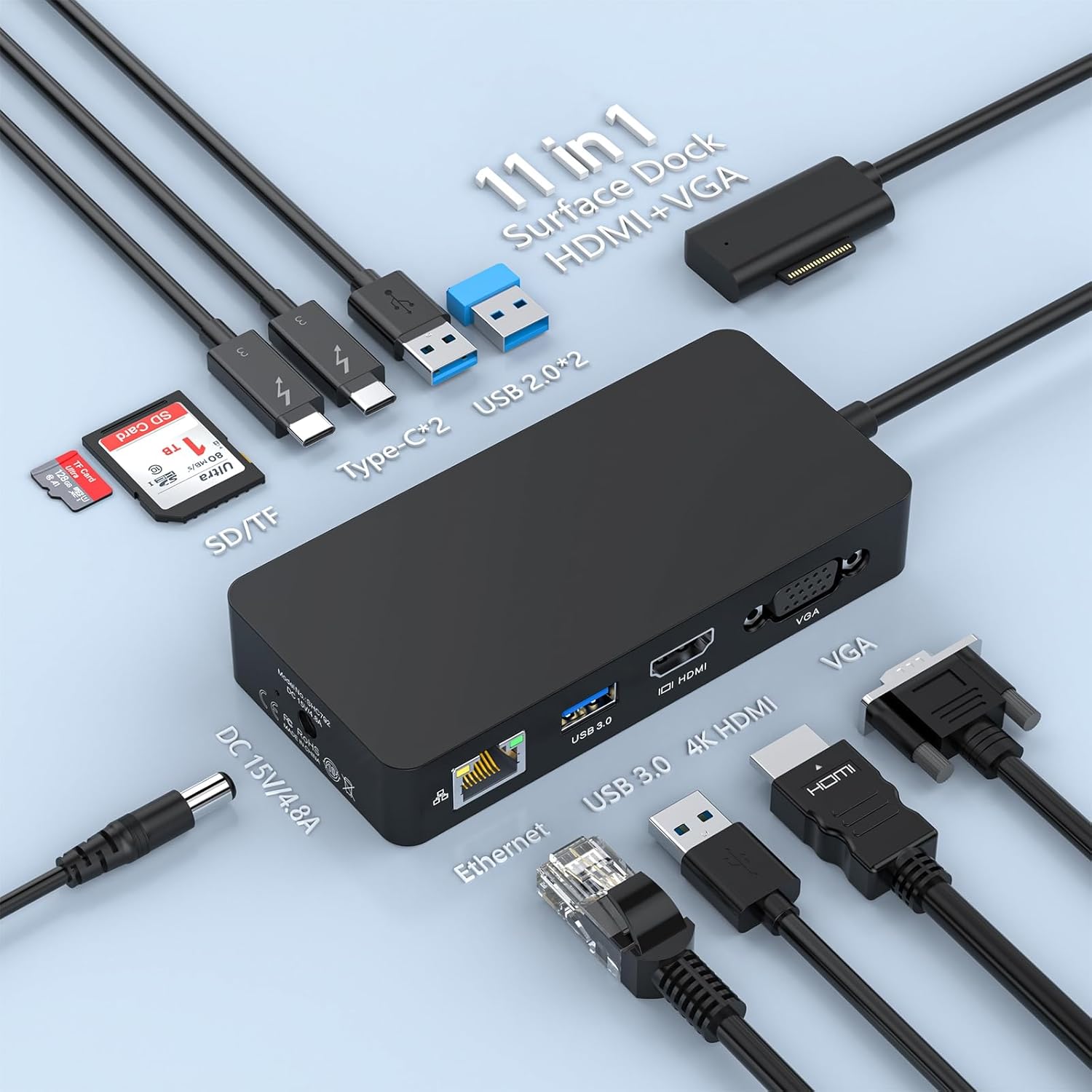 Docking Station MS Surface Dock 2, 11-en-1, 4K HDMI, 72W, Negro