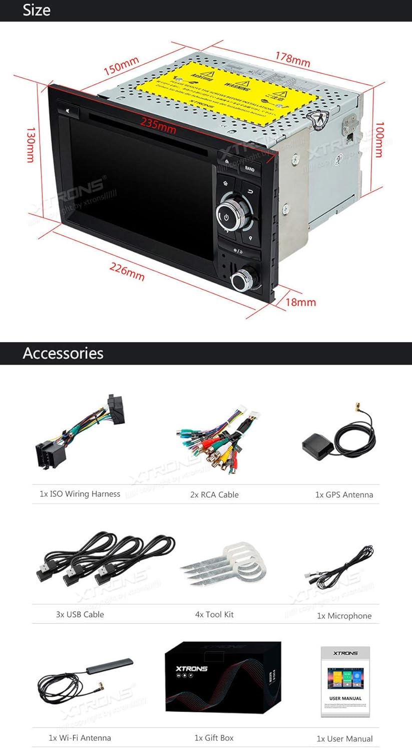 Image showing all included accessories: ISO wiring harness, RCA cables, GPS antenna, USB cables, fitting keys, microphone, Wi-Fi antenna, gift box, and user manual.