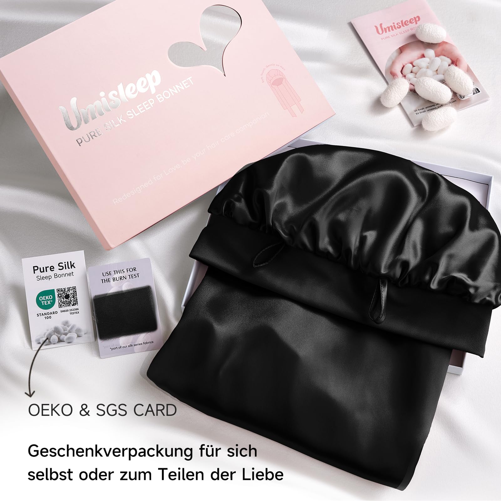 Umisleep 22 Momme 100% Maulbeerseide Schlafmütze, Doppelseitig, Weiche Nachtmütze für Voluminöses Haar, Atmungsaktiv, Verstellbares Breites Band, Schwarz