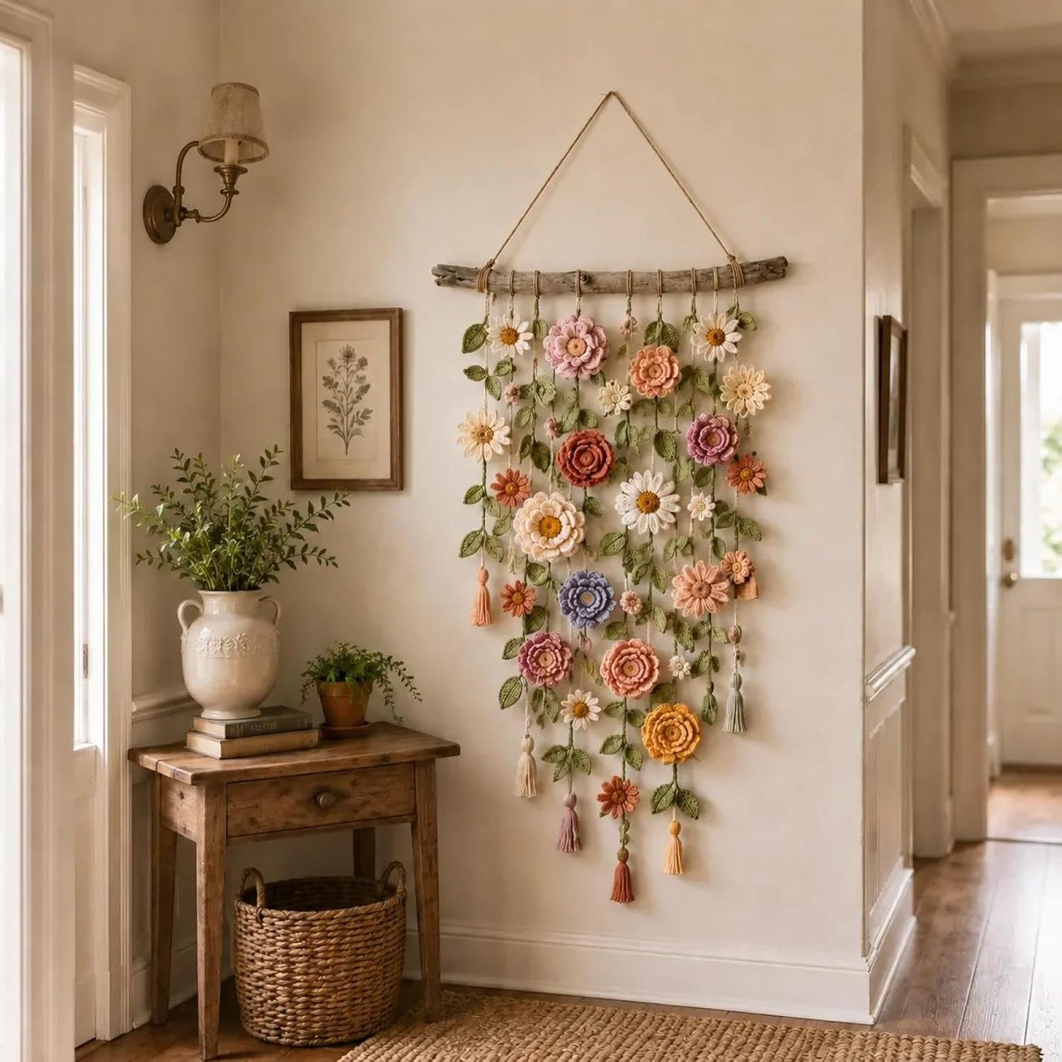 Crochet Flower Garden Wall Hanging,Bohemian Crochet Flower Hanging Decor