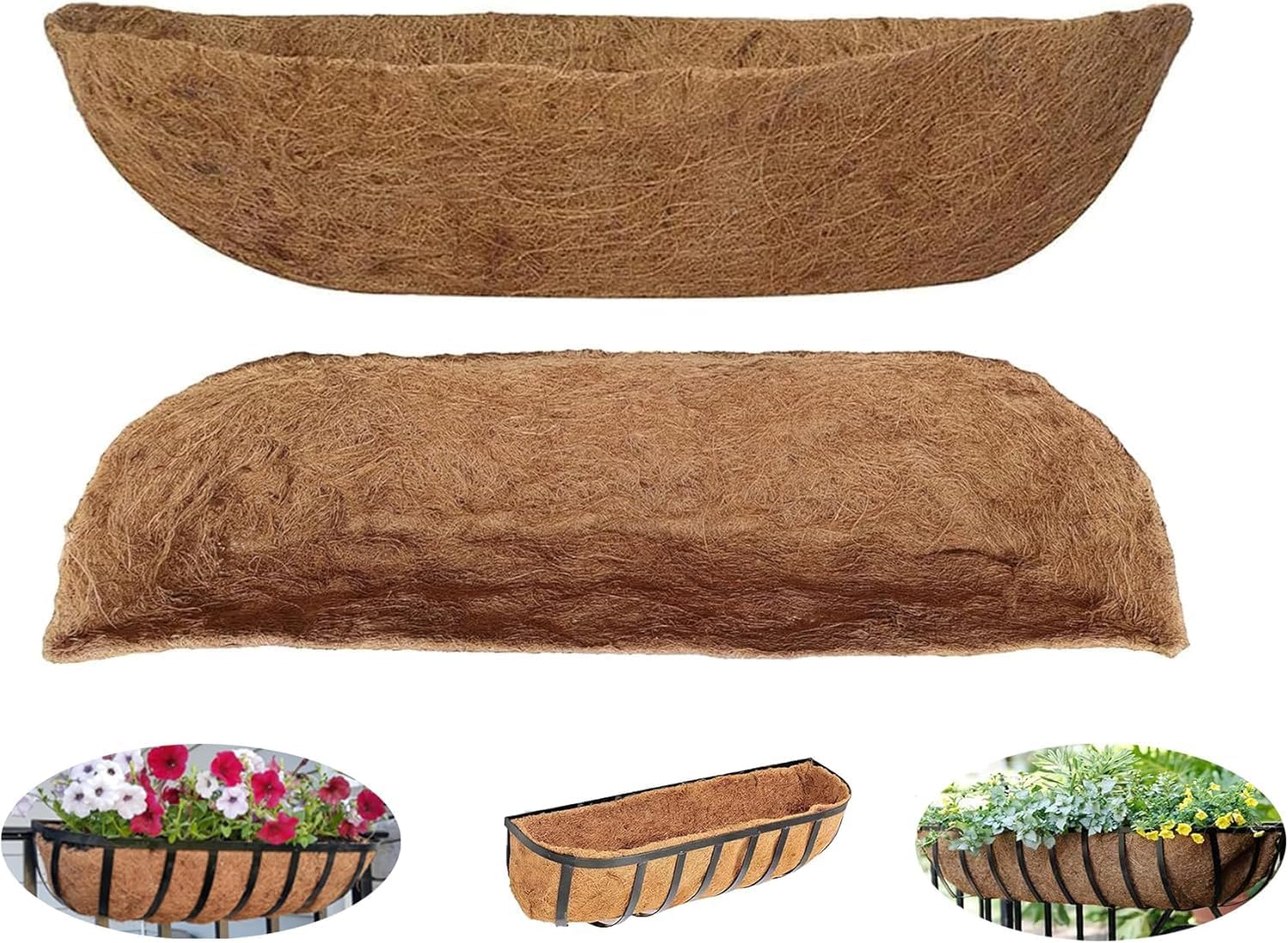 2 Pack 48 Inch Pre-Formed Trough Coco Liner for Window Boxes & Railing Planters, Thickened Natural Coconut Coir Replacement Liner, No Cutting Needed, Durable for Outdoor Balcony Garden