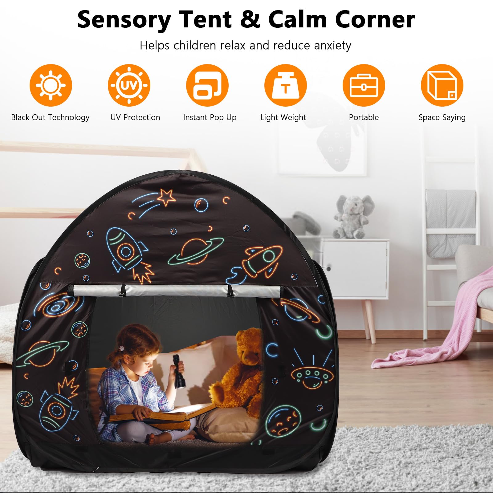Large Sensory Tent for Kids with Autism- 47x47in Pop-Up Indoor Play Tent with Light for Anxiety Relief and ADHD Support