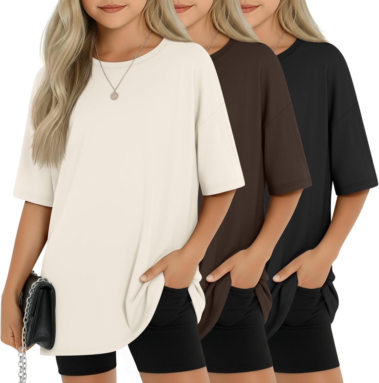 LessonZoo 3 Pack Girls Oversized Shirts Kids Short Sleeve Crew Neck Tops Trendy Summer Basic Tees Loose Fit 5-14 Years