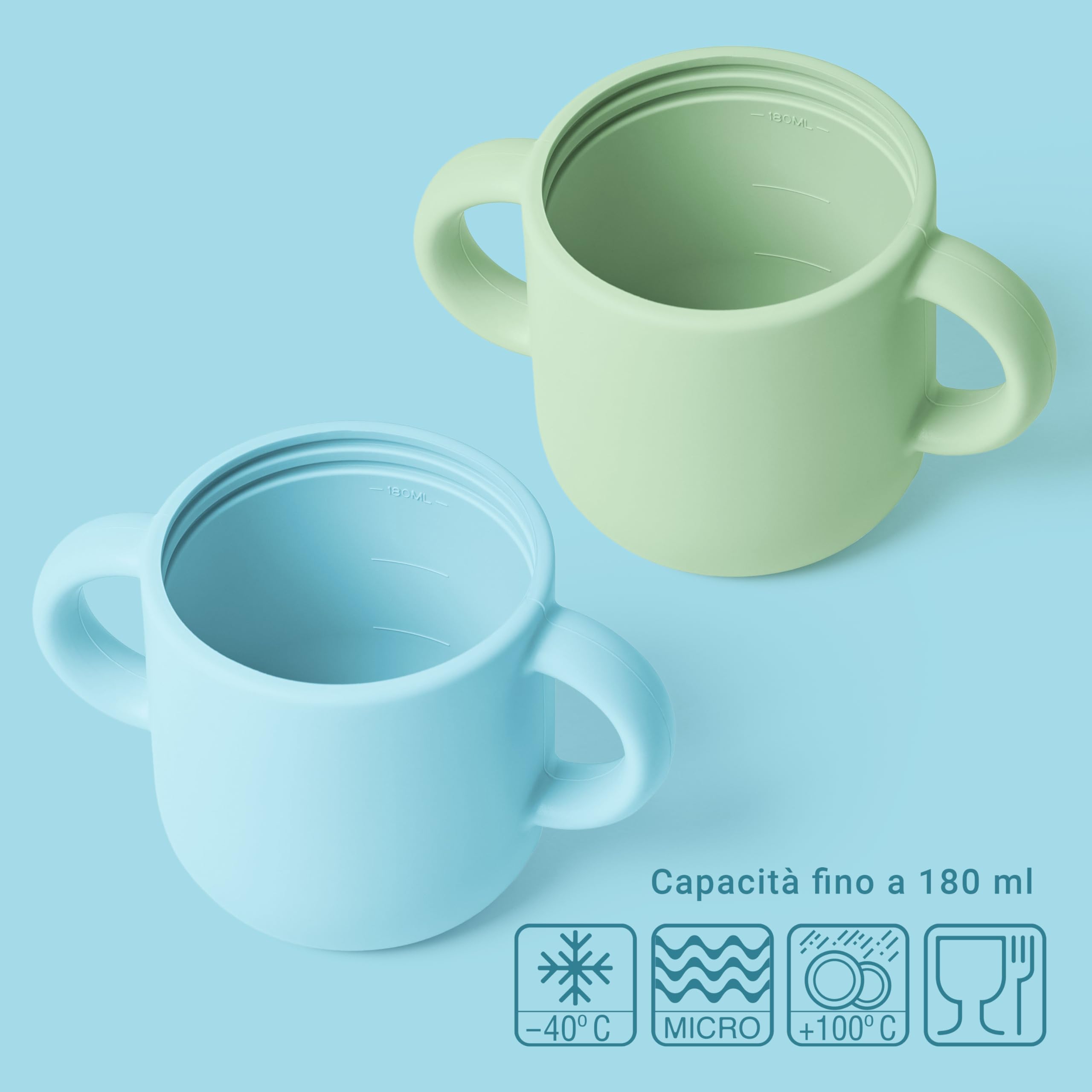 Navik | bicchiere bambino di silicone | neonato 6 mesi | cannuccia e beccuccio | tazza bambini con due manici | Blu e verde