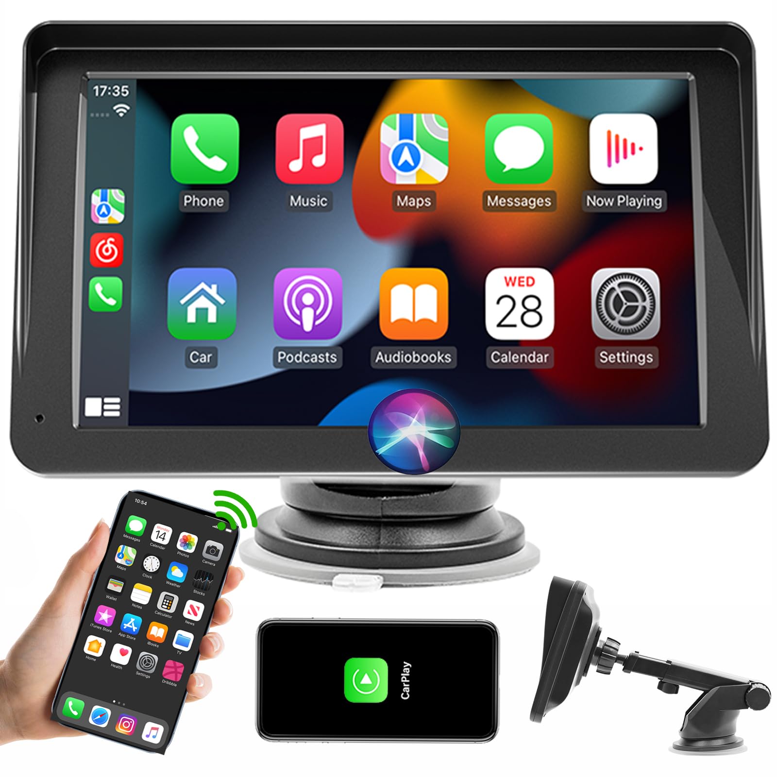 Portable CarPlay Screen for Car Navigate with Voice Control, Wireless Apple CarPlay and Android Auto Screen for Car, Multimedia Player, 7" HD Touch Screen Car Stereo with Mirror Link for All Vehicles