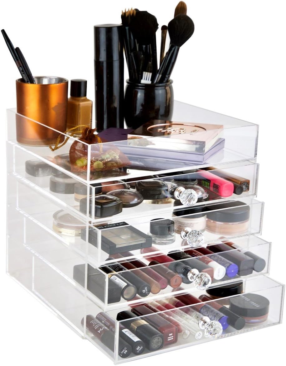 daisi Acrylic Cosmetic Makeup & Jewelry Cube Organizer | 5 Tiers - 4 Drawers & Open Top Compartment Shelf | Large Clear Display Case for Beauty Products | Stylish Storage Box with Crystal Knobs