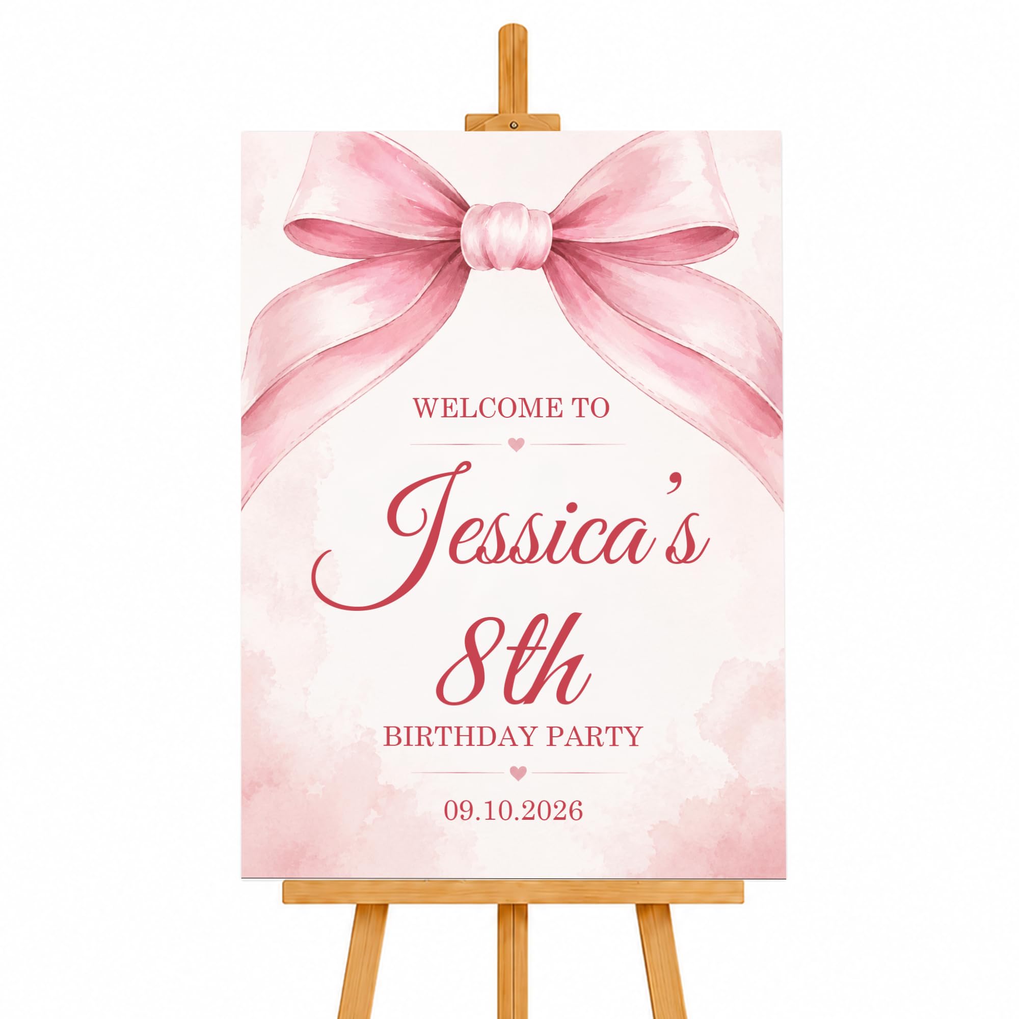 Personalised Birthday Welcome Sign, Custom Name, Age & Date Party Board (Pink Bow)