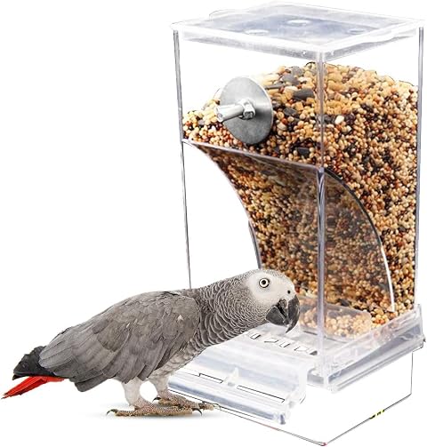 Mangiatoia Automatica per Gabbia in Acrilico Antispreco — Alimentatore con Posatoio per Cocoriti Calopsiti Pappagallini — Accessorio per Voliera da Interno Esterno Balcone Giardino Cortile