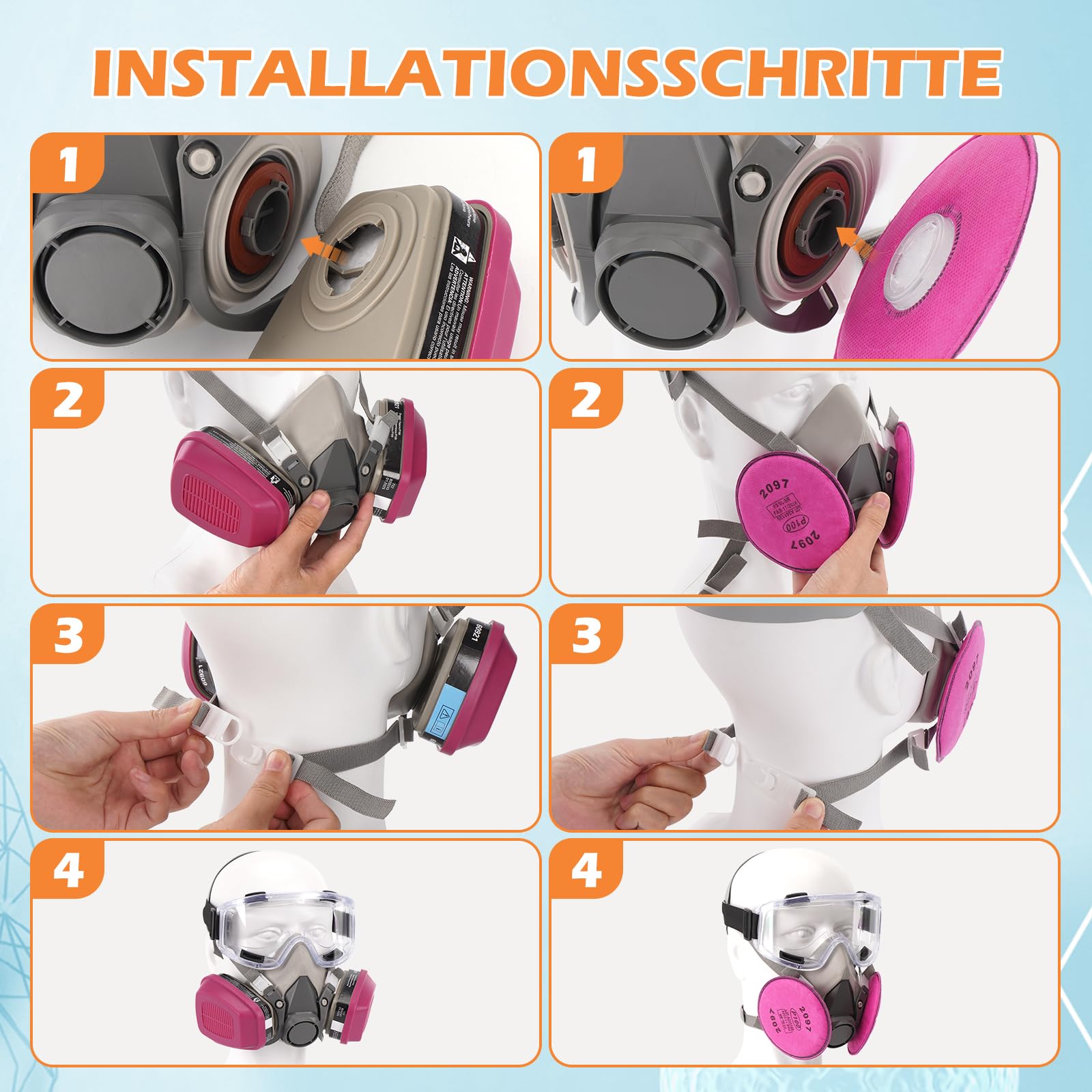 Wiederverwendbare Atemschutzmaske mit 60921 & 2097 Filter, Gasmaske Staubfilter und Schutzbrille für Lackieren, Feinstaub, Bauarbeiten, Schweißen, Schneiden, Labor, Landwirtschaft, Industrie