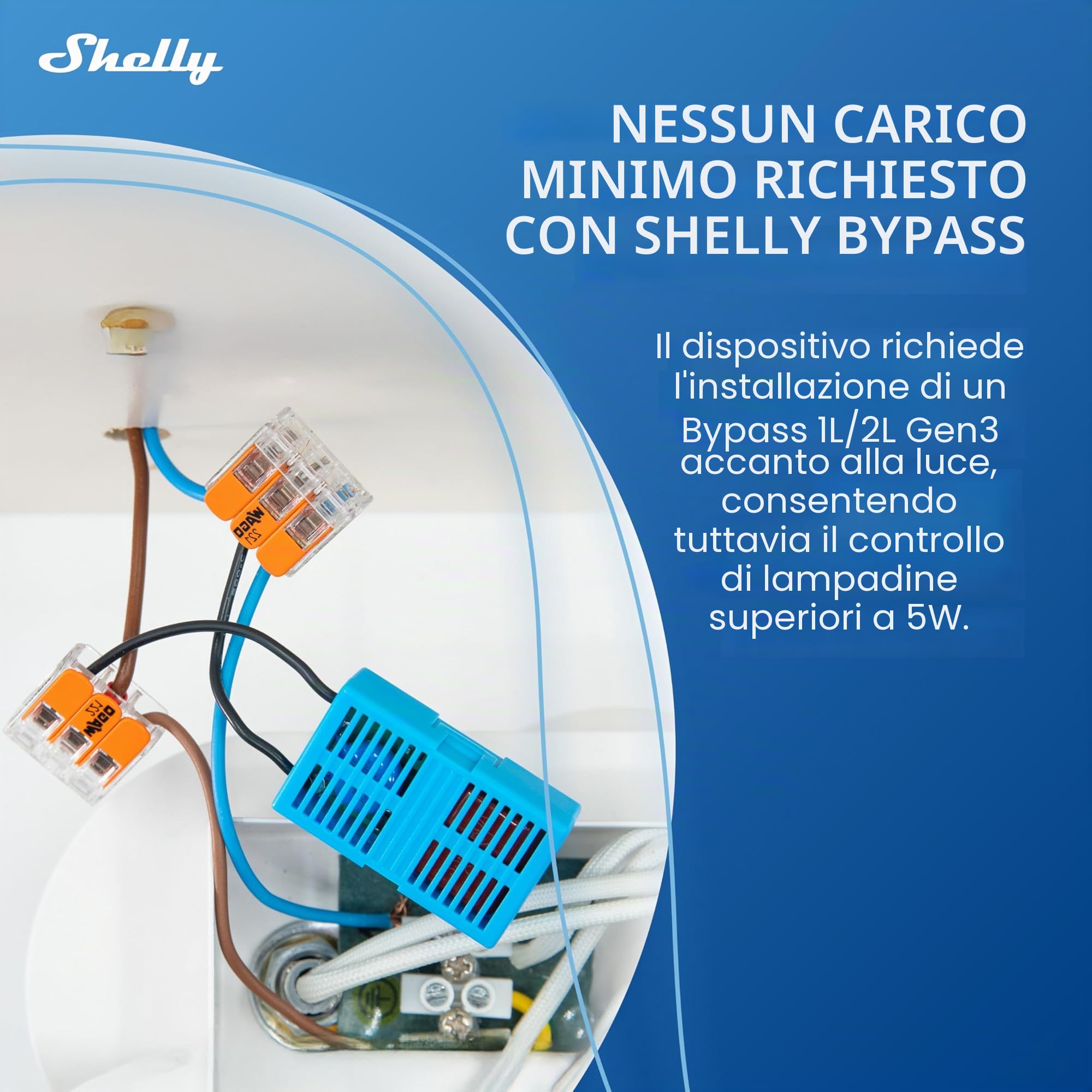 Shelly 1L Gen3 con Bypass - Interruttore Relè Intelligente Wi-Fi & Matter, 1 Canale, 200W Max, Nessun Filo Neutro Richiesto, Controlla Carichi Superiori a 5 W, Alexa & Google, Nessun Hub Richiesto
