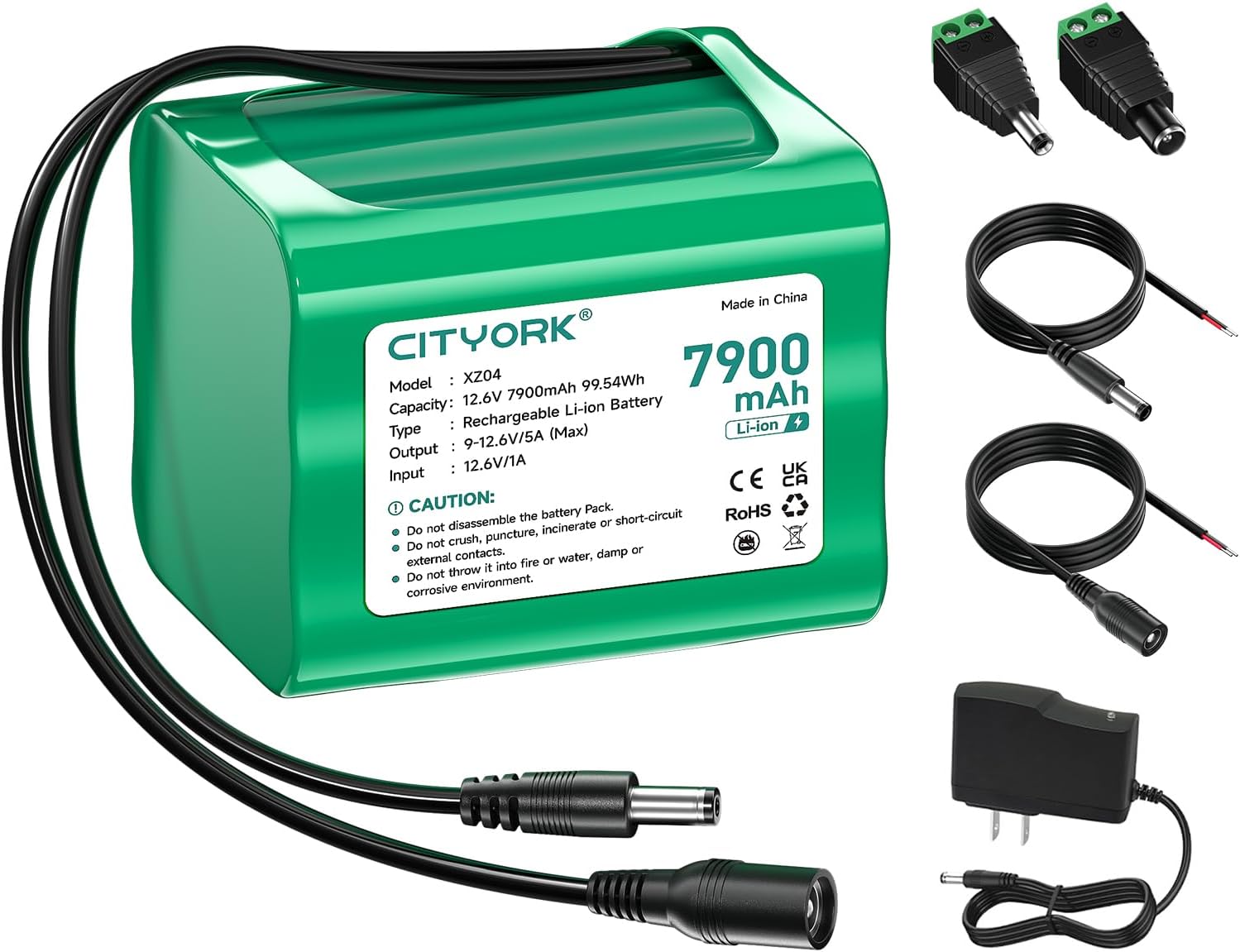 CITYORK 12V Lithium Battery 7900mAh with Charger, DC5521 Male Connector, 12V Rechargeable Battery for 12V Devices, DIY Projects, RC Cars, Speaker, CCTV Cameras, Robot Toys, LED Light Strips, etc