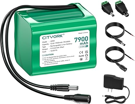 CITYORK 12V Lithium Battery 7900mAh with Charger, DC5521 Male Connector, 12V Rechargeable Battery for 12V Devices, DIY Projects, RC Cars, Speaker, CCTV Cameras, Robot Toys, LED Light Strips, etc