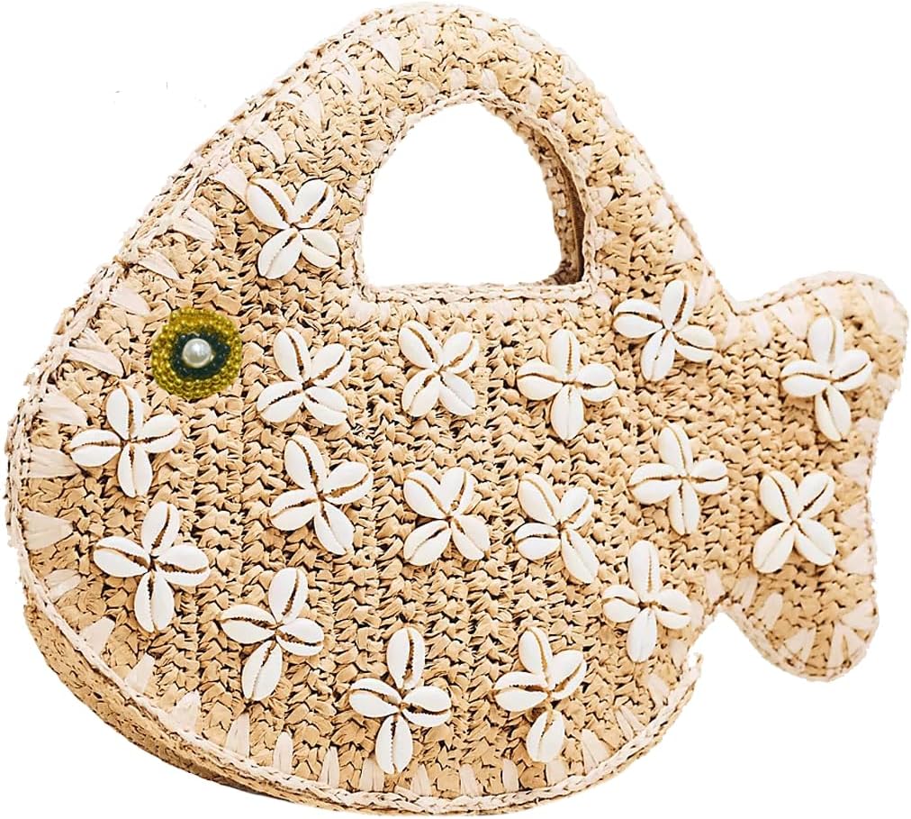 Fish Purse Clutch Straw Woven Fish Shaped Handbag Small Fun Bag Mini Novelty Tote for Women Summer Spring Beach