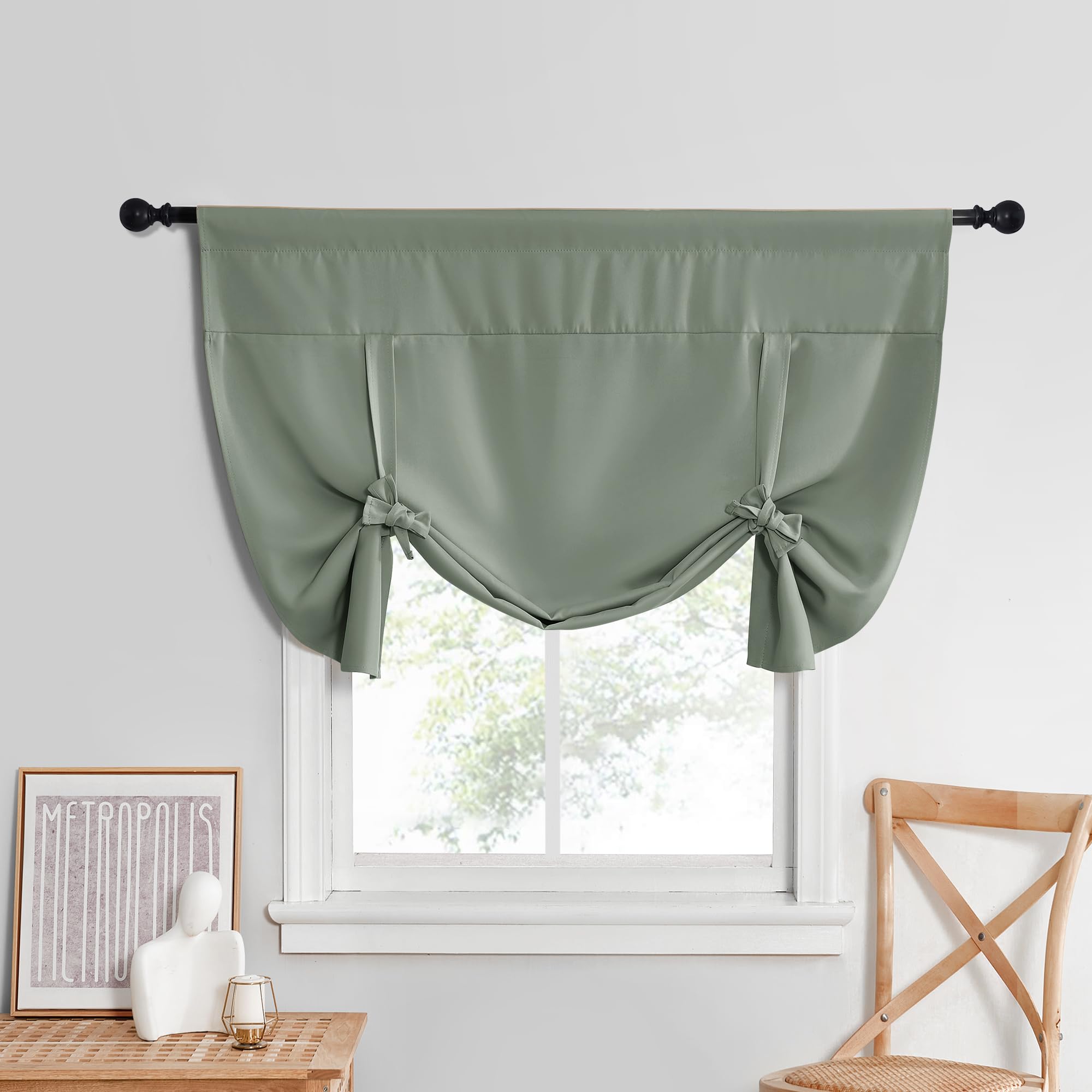 NICETOWN Kitchen Window Curtains for Cabinet, Farmhouse Tie Up Short Curtains for Small Window Thermal Roman Shade Adjustable Valance Balloon Blind for, 52" x 45", Greyish Green, 1 PC