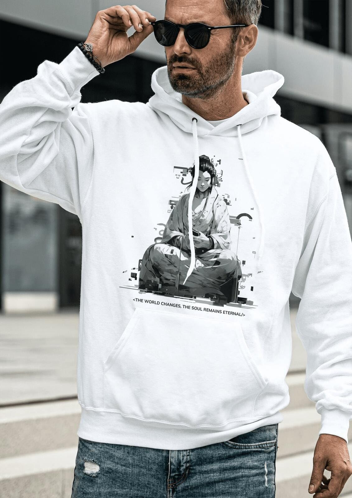 CodeLife Męska bluza z kapturem Organic z kolekcji Buddha B&W JH201 G, biały, S