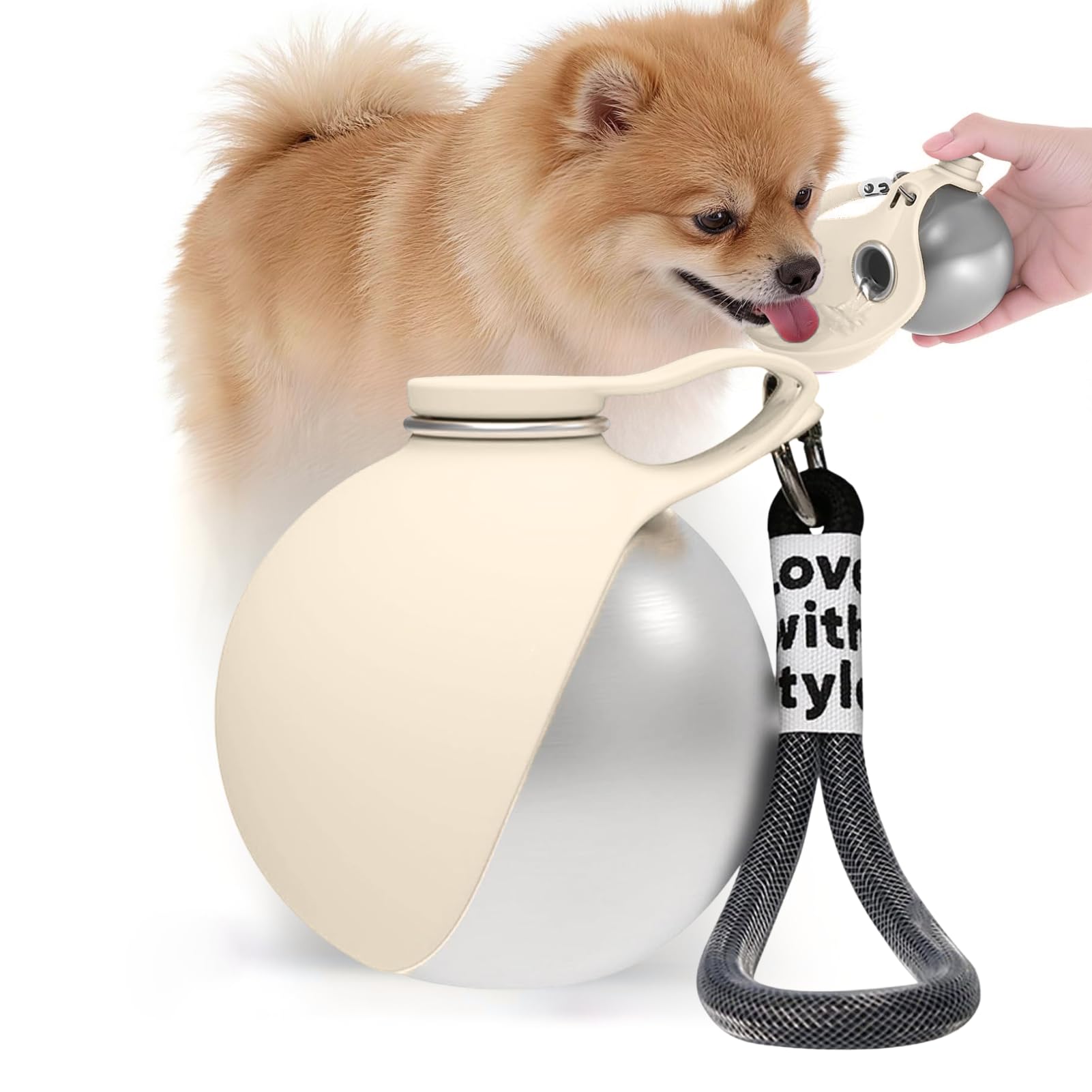 Stainless Steel Dog Water Bottle for Walking 285ml, 2-in-1 Portable Dog Water Bottle with Foldable Silicone Bowl, Feeding & Watering Supplies for Dogs, Dog Bottle for Walks and Travel (Cream)