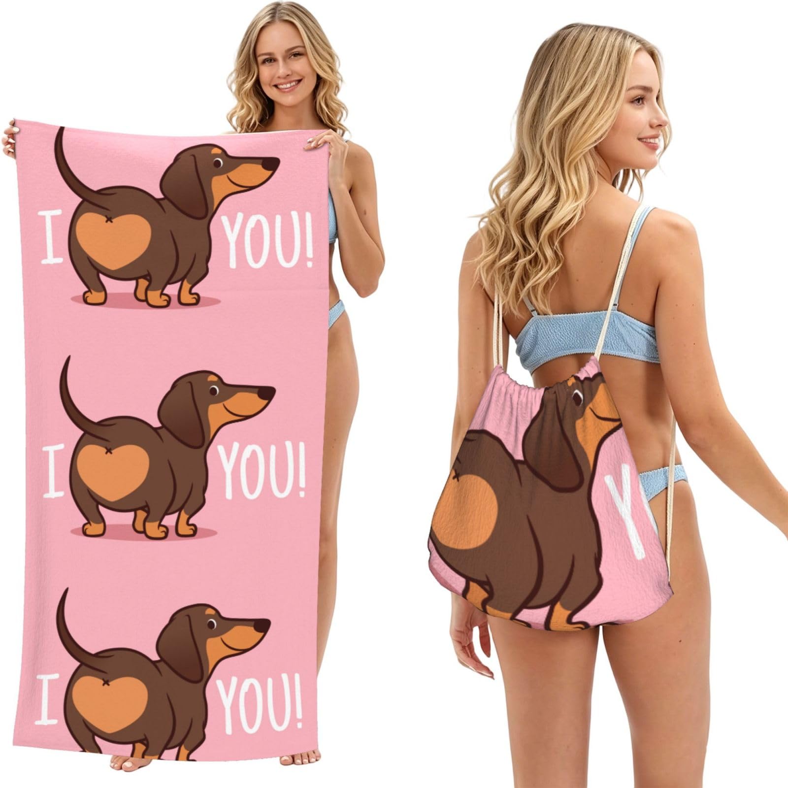 Poadnly As Picture Dachshund Puppy Dog, 2 In 1 Packable Towel Bag, Beach Towels With Drawstring Backpack For Travel Holiday Camping