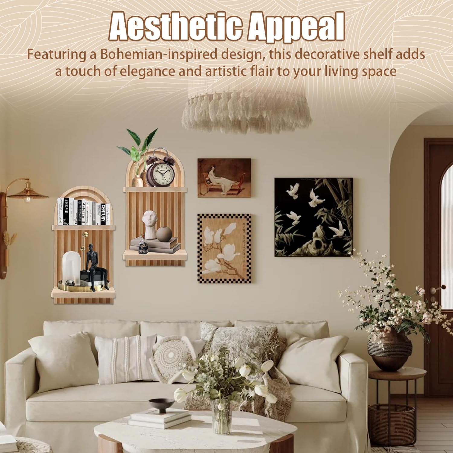 2 Pack Wooden Arched Wall Shelves, Mid-Century Modern Bohemian Style Double Layer Floating Shelves, Wall Mounted Display Shelves for Living Room, Bedroom, Nursery and Office Decor