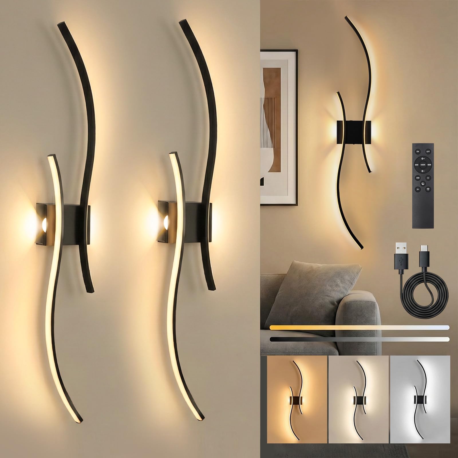 Black Battery Operated Wall Lights Indoor Set of 2,100cm Rechargeable Wireless Wall Lights with Remote Control,Stepless Colors 3000K-6000K & Dimming,Morden Touch Wall Sconces for Room Decoration — image 1