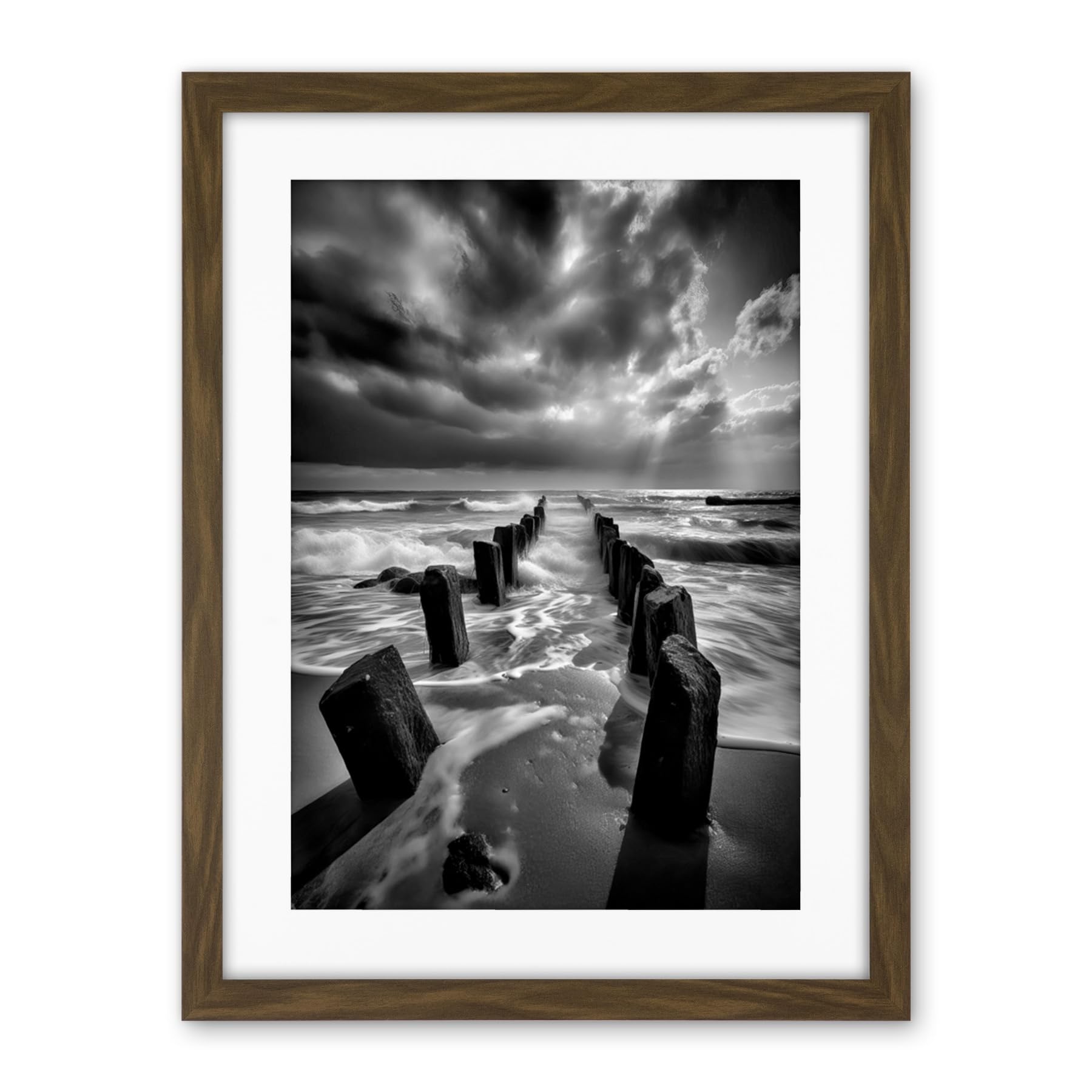 Artery8 Pier Ruins Black and White Dramatic Coastal Photo Artwork Framed Wall Art Print 18X24 Inch