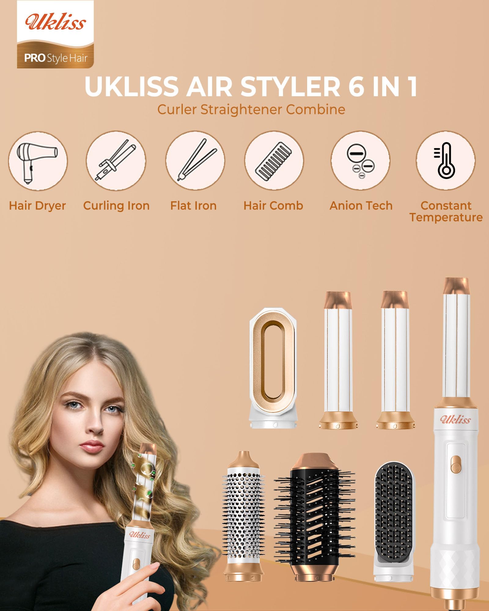 UKLISS Spazzola ad Aria Calda, Hair Styler 6 in 1 Set con Asciugacapelli Ionico, Arricciacapelli Automatico, Hair Dryer, Thermal Brush, Hair Straightener, Set Regalo per Donne Ricci, Lisci - Bianco
