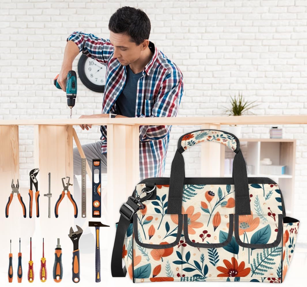 Funny Flower Tool Bag with Multi-Pockets Wide Mouth Tool Tote Bag for Women and Men Waterproof Tool Organizer Storage Bag with Adjustable Shoulder Strap and Ergonomic Handle