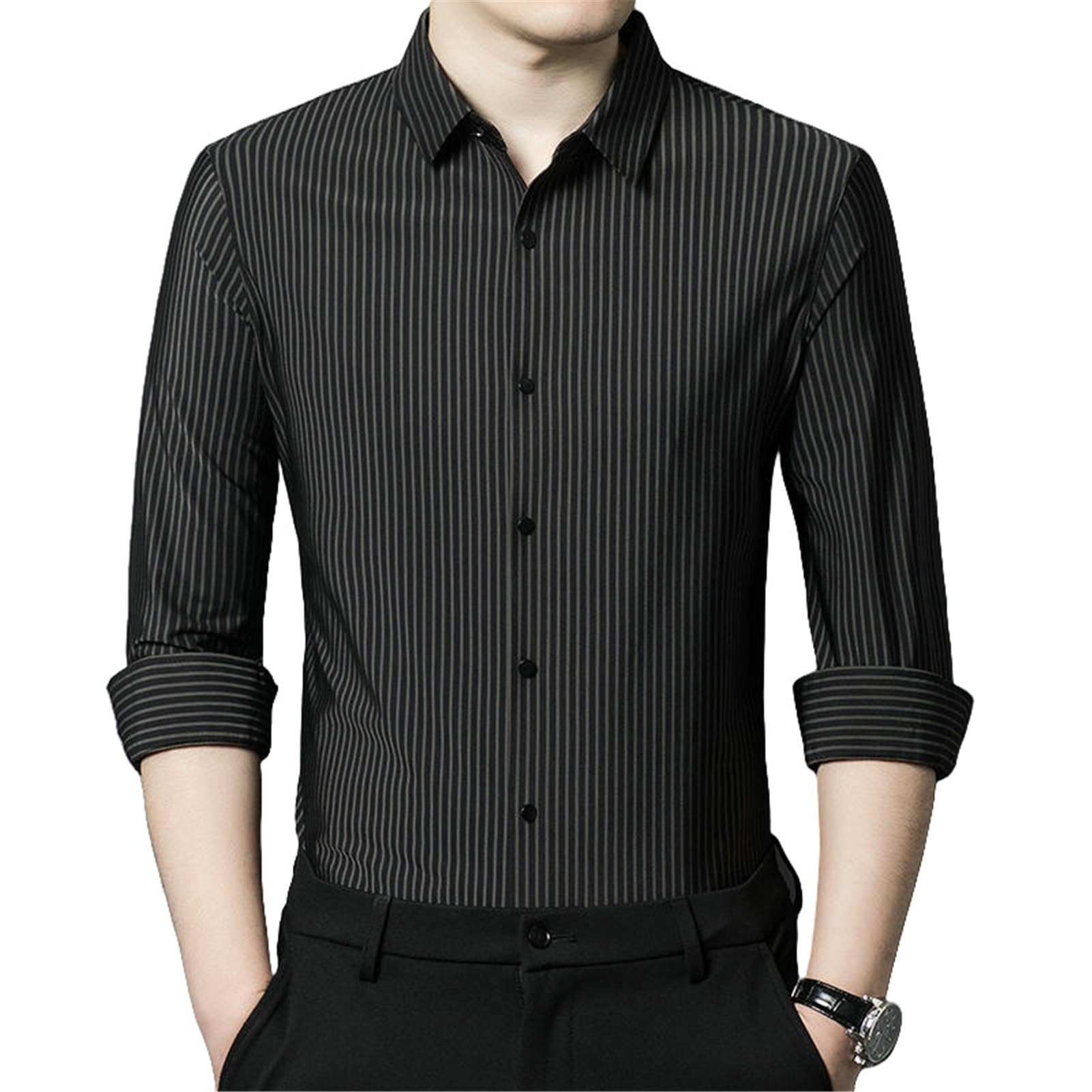 Camisa de manga larga para hombre, para primavera, otoño, negocios, informal, sin costuras, con solapa, a rayas
