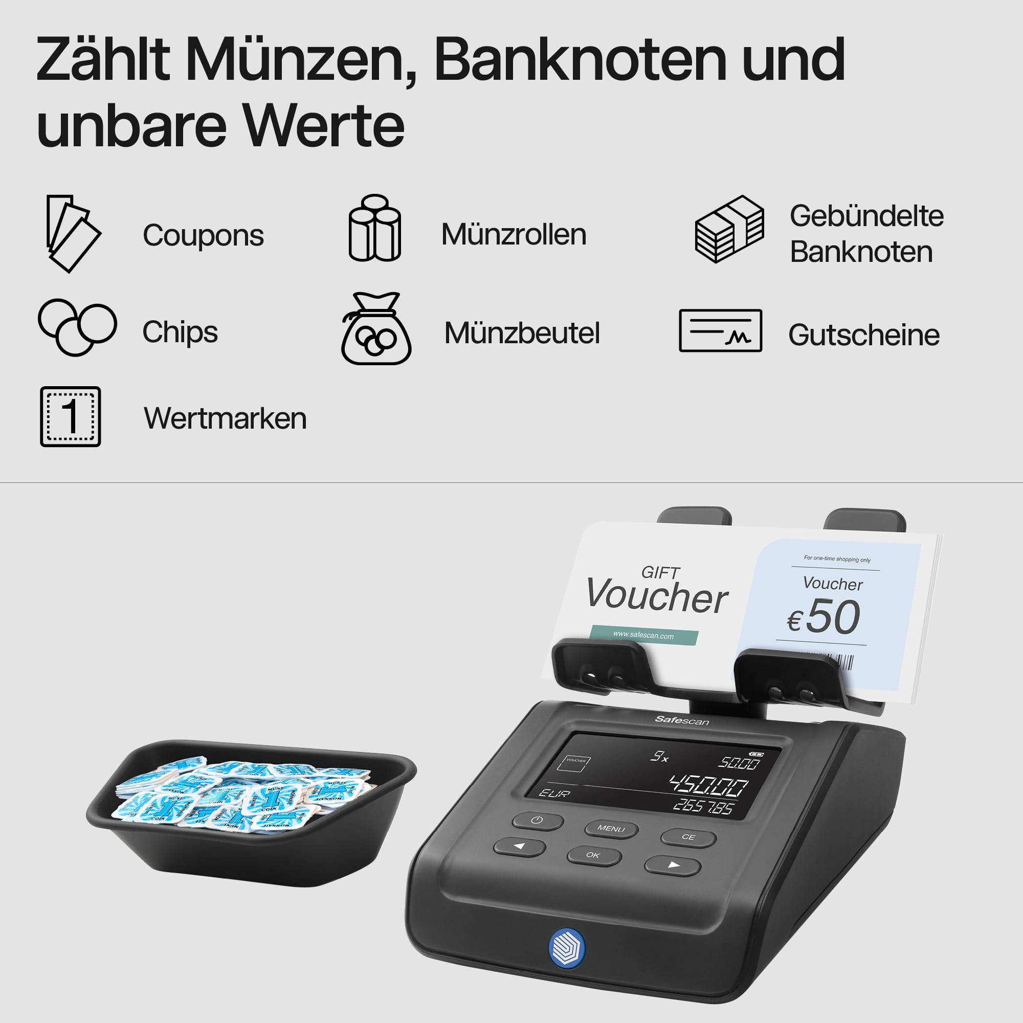 Safescan 6165 Geldzählmaschine, Wertzählung für Münzen und Banknoten, Vouchers und Chips - Münzzähler mit automatischer Münzrollenerkennung - die Geldwaage speichert individuelle Zählergebnisse