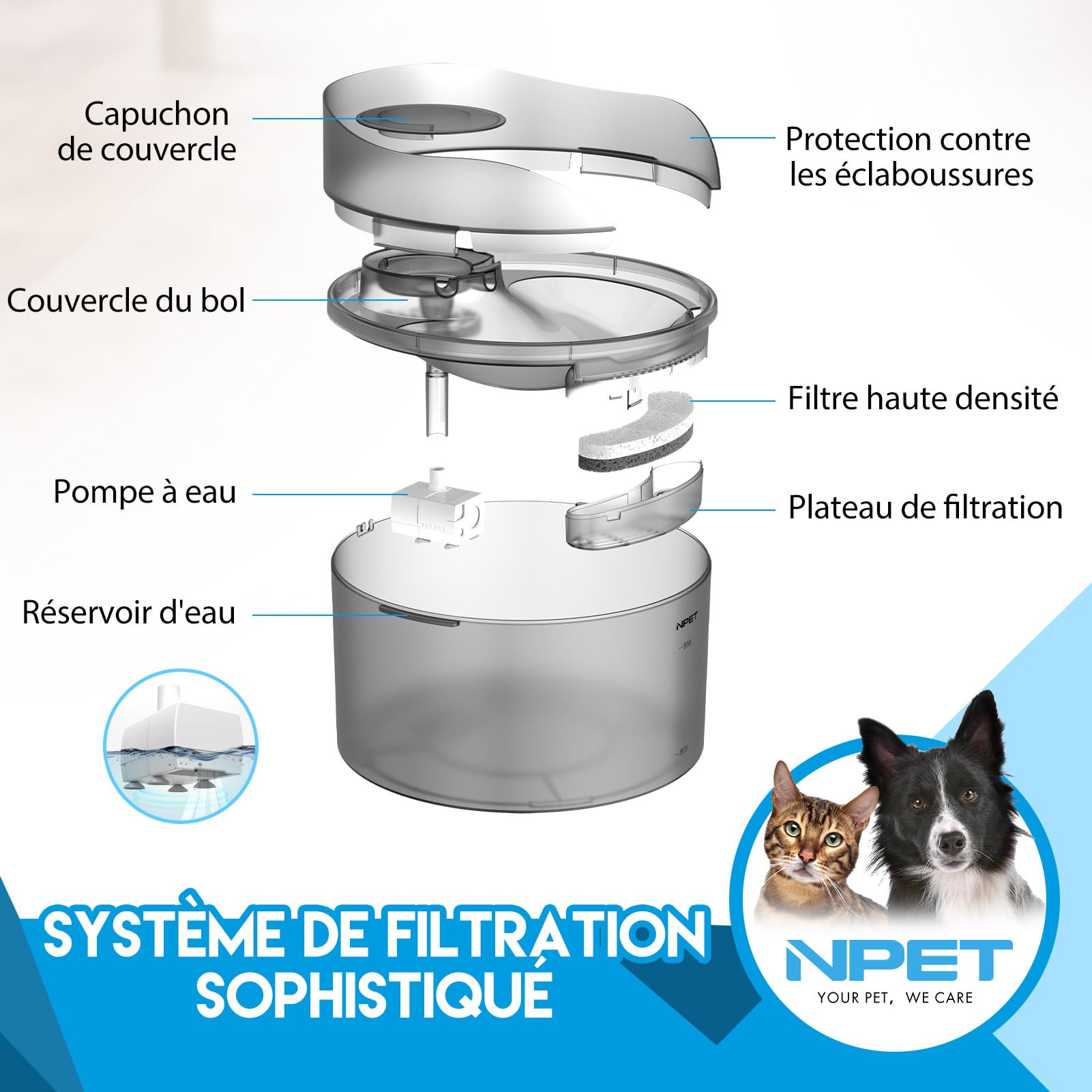 NPET Fontaine à Eau Chien, Fontaine à Eau pour Chien Automatique avec Protection Anti-éclaboussures, 8L, pour Chien&Chat, DF30