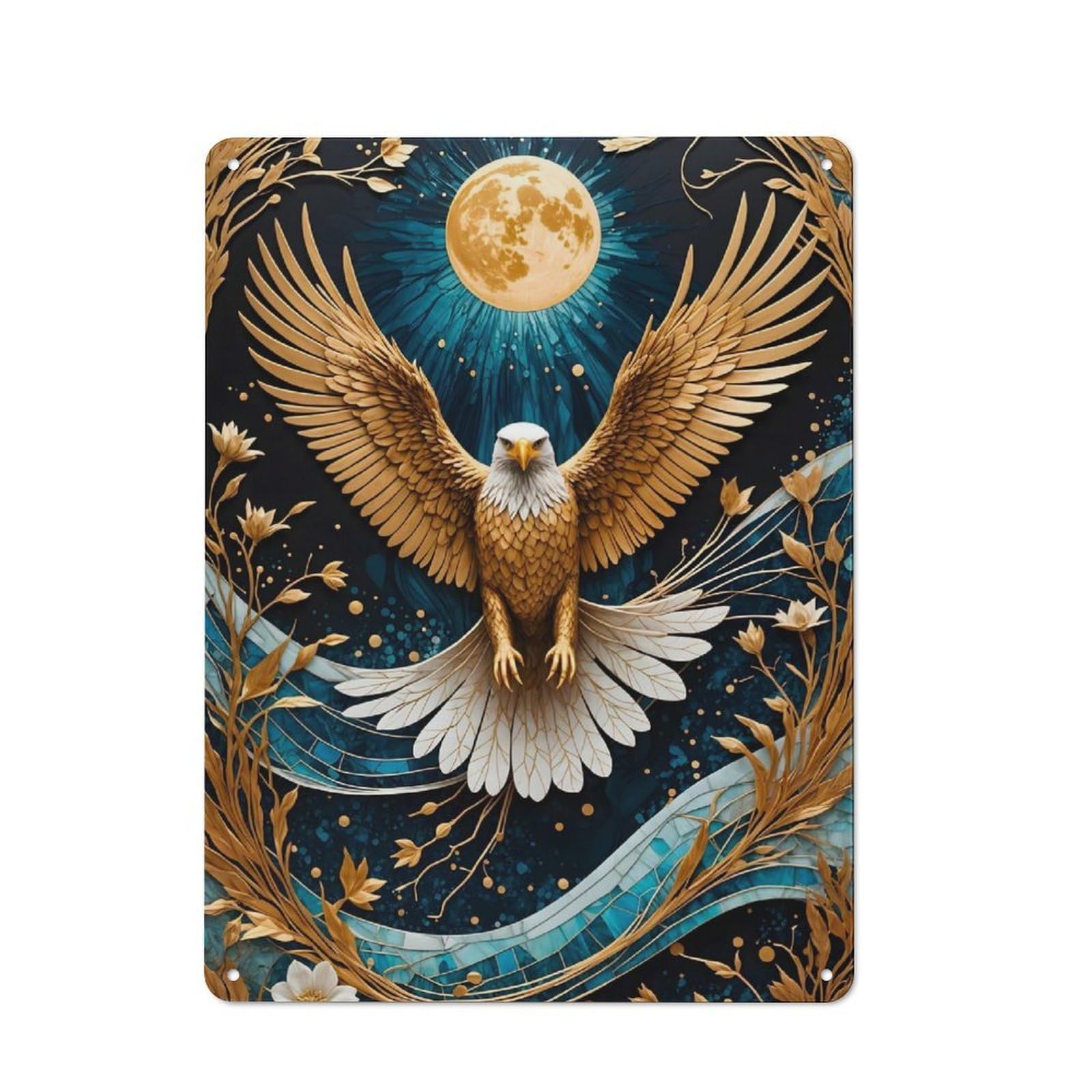 Junmoney Golden Eagle Moon Kintsugi Tin Wall Plaque 40X30cm With For Dining Room Or Kitchen, Tin Sign Wall Decor For Kitchens And Dining Spaces