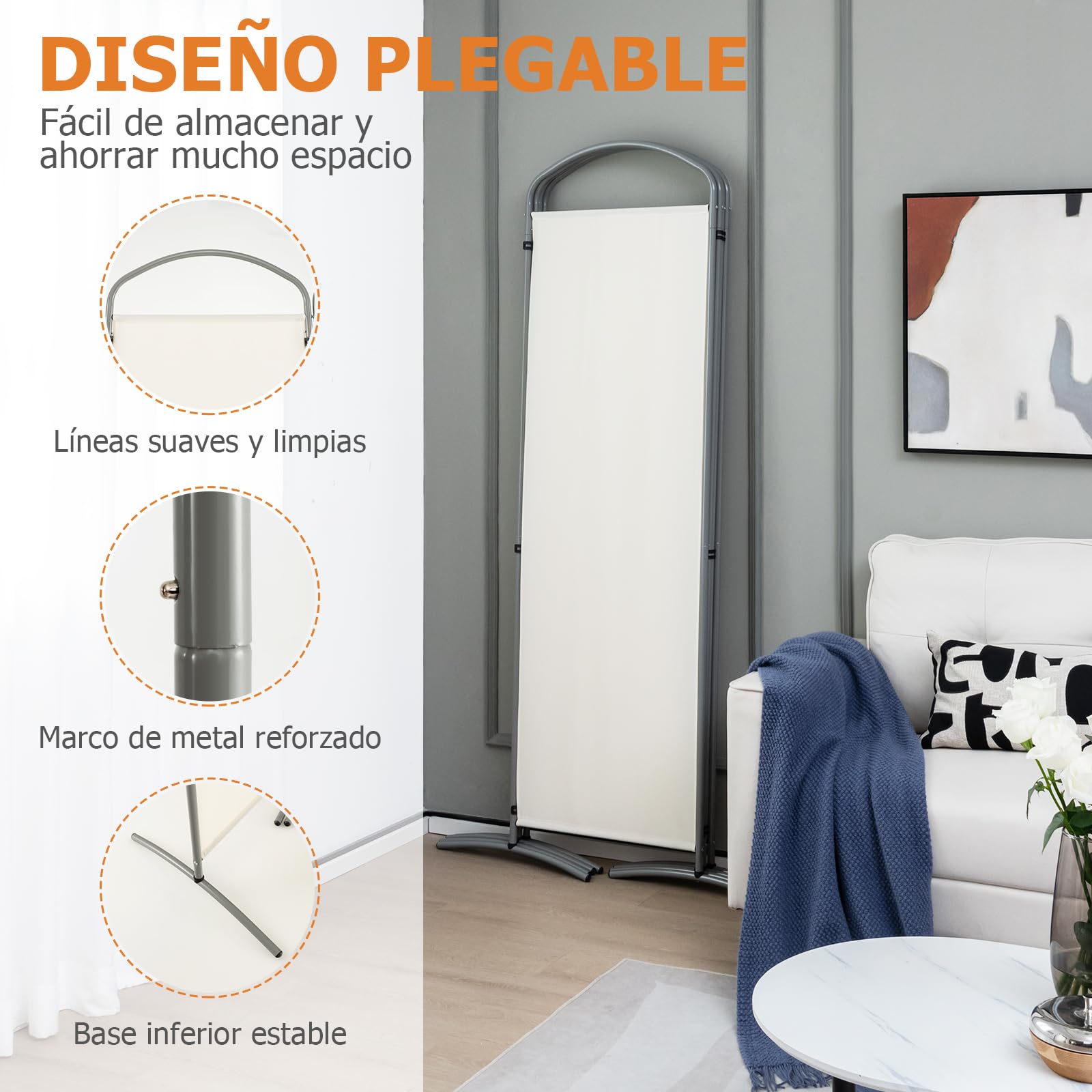 GOPLUS Biombo Separador de Ambientes de 6/4 Paneles, Biombo Plegable para Privacidad con Marco de Metal, Divisor de Habitación Portátil para Salón Dormitorio Oficina (Blanco, 4 Paneles, 221 x 188 CM)