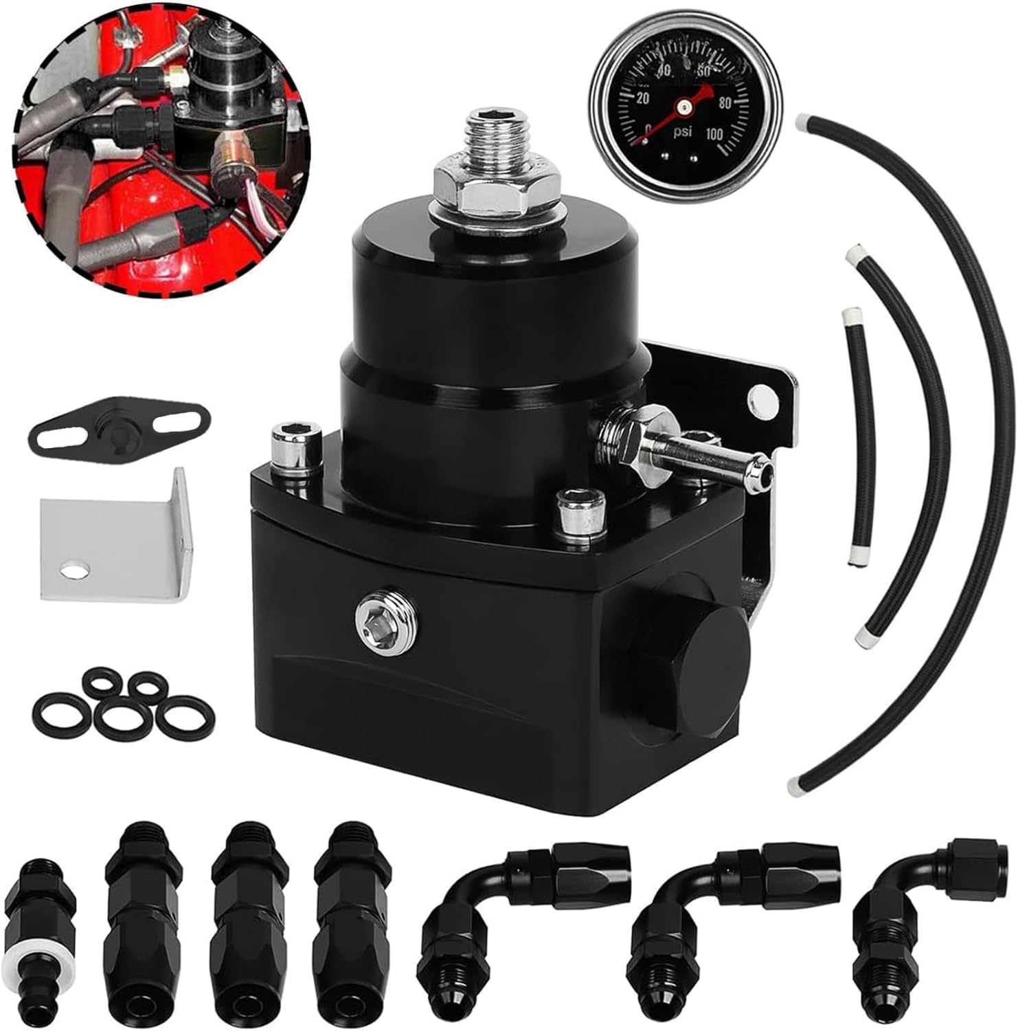Adjustable Fuel Pressure Regulator Kit 100psi Universal Fuel Regulator for Carburetor with Gauge 6AN Fuel Line Fitting Return Adjustable Aluminum (Black)