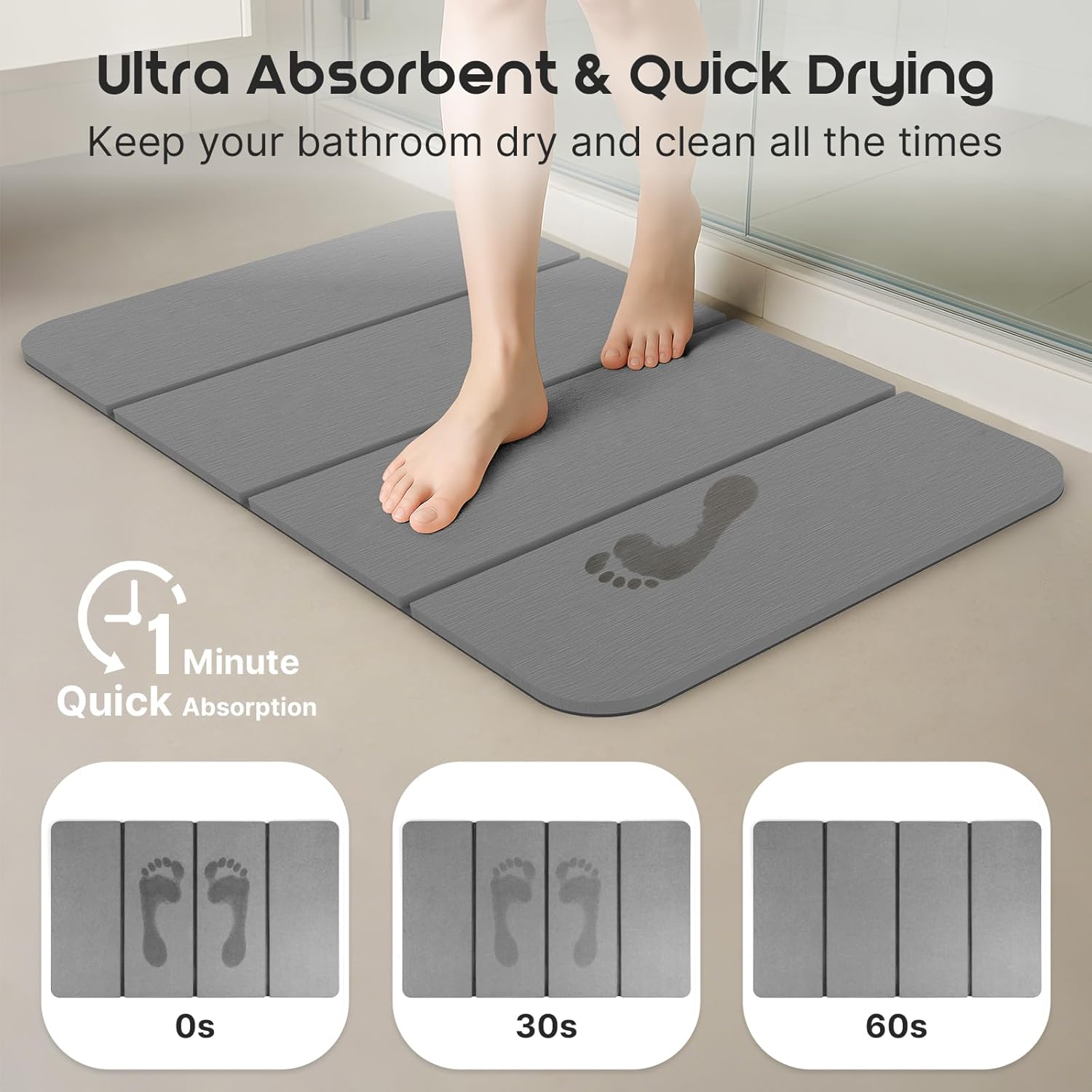 ArtyCozy Extra Large Foldable Stone Bath Mat with Non-Slip Rubber Back, 31.5" x 19.7", Super Absorbent Quick Drying Diatomaceous Earth Mat for Bathroom, Easy to Store, Easy to Clean, Grey