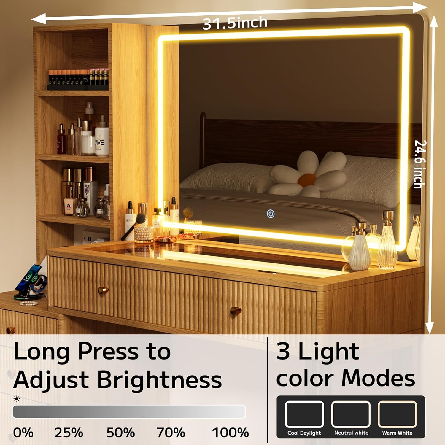 44” Fluted Vanity Desk with 32” Lighted Mirror & Power Outlet, Makeup Vanity with Glass Top, 3 Adjustable Light Colors, Curved Design, 5 Drawers, Modern Dressing Table Set for Bedroom (Oak)