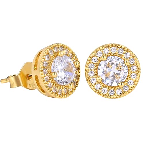 VEXXS Diamond Stud Earrings for Men, S925 Sterling Silver 14K Real Gold Plated Iced Out Earrings Micro Pave 5A CZ Stones Men’s Studs, Hypoallergenic - Round-Gold