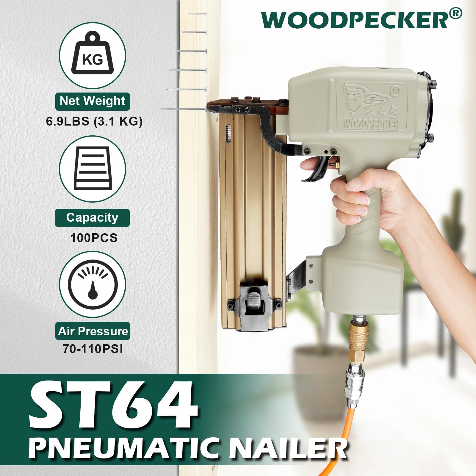 Woodpecker ST64 kit de clavadora neumática para hormigón de alta resistencia con 400 clavos, clavadora para hormigón de 18-64mm de longitud de pata para carpintería, muebles