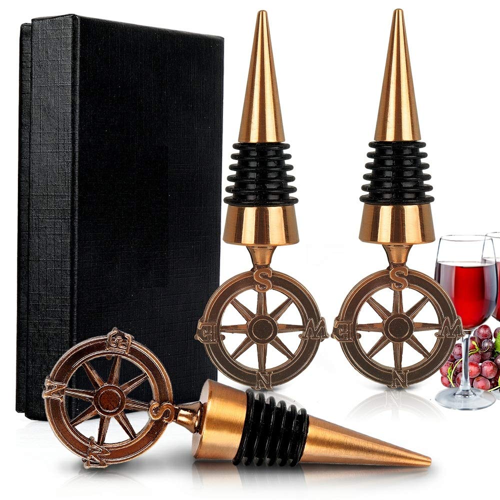 Wine Bottle Stoppers / Air tight Seal (Pack of 3) | Vintage Copper Compass Bottle Cap