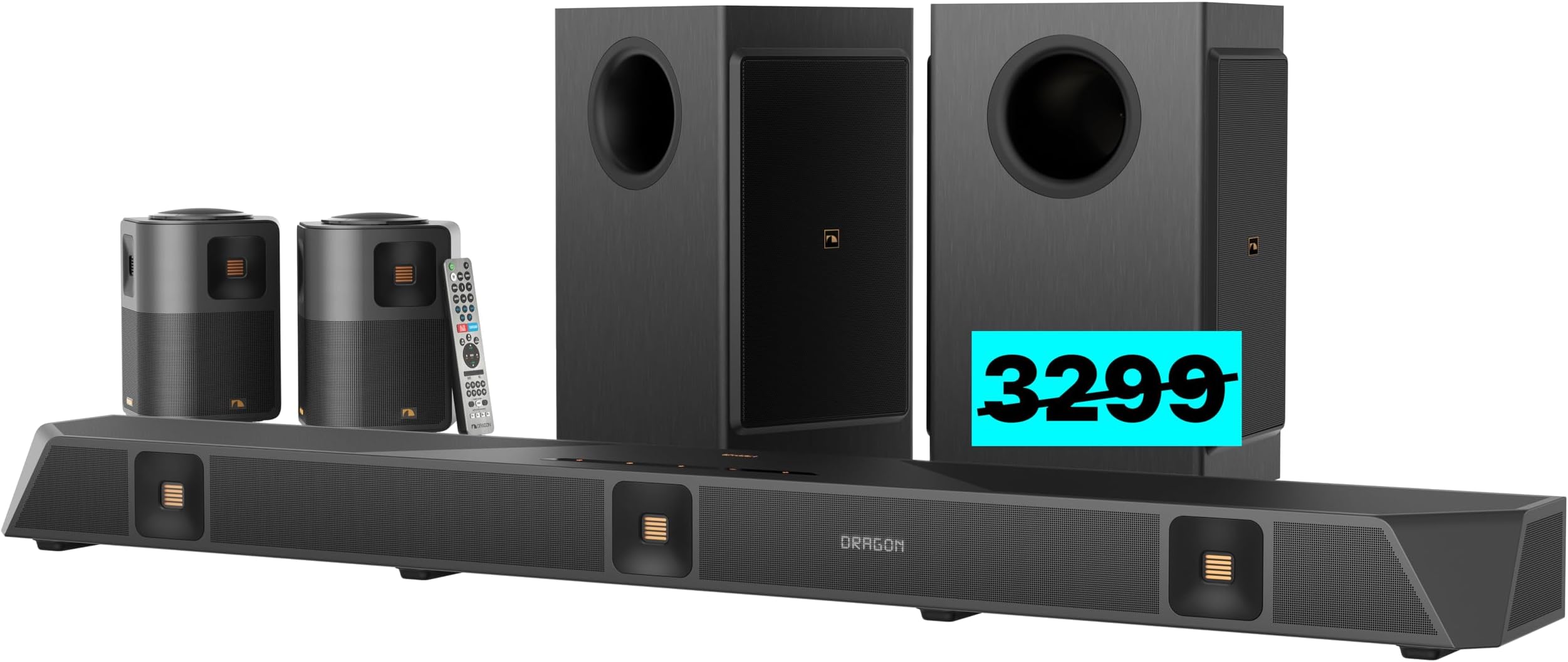 Nakamichi Dragon 11.4.6-Ch Surround System w Dolby Atmos/DTS:X Pro (Pro Cinema Engine), HiFi AMTs, Dual-Opposing 8" Subs, Bipolar Surr, 6 Discrete Height Ch, 3000 Watts Max Output. AVR-Grade Soundbar