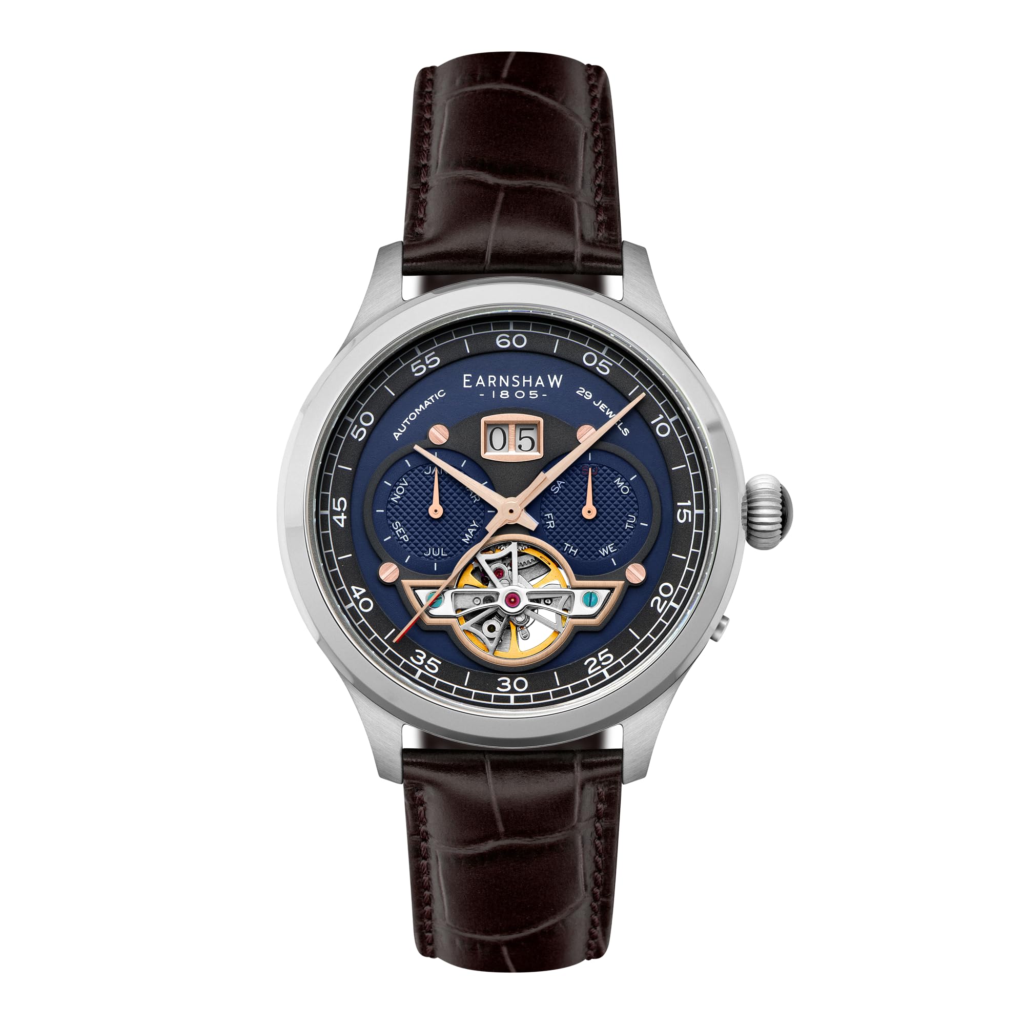 Thomas EarnshawBaron Men's Watch – Automatic Open-Heart Movement, Grand Date Calendar, 43mm Stainless Steel Case, Leather Strap, 50m Water Resistant, ES-8187