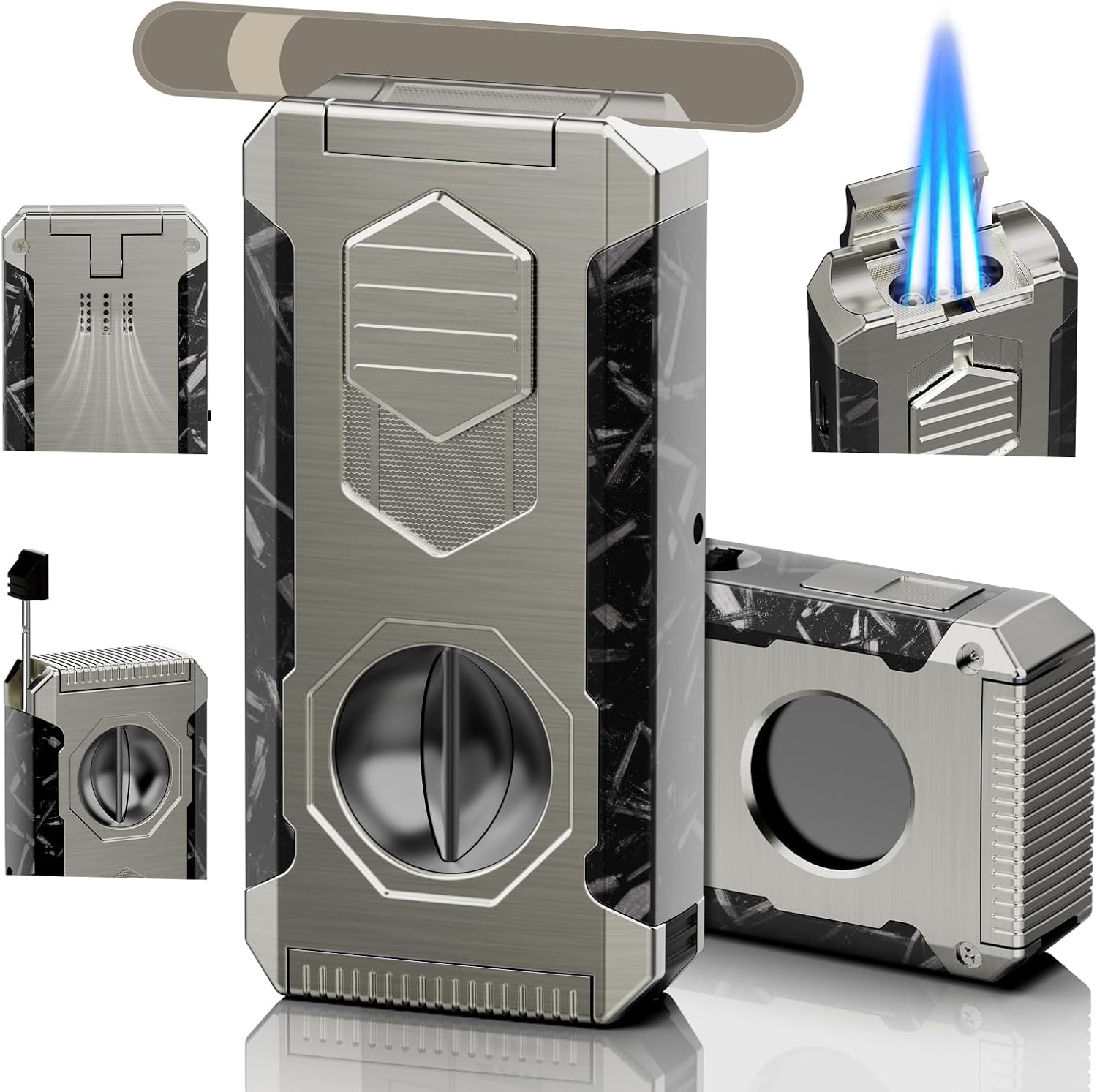 5-in-1 Butane Torch Lighter with Triple Jet Flame, Built-in V & Straight Cutter, Holder, Draw Enhancer Tool, Refillable Windproof Cool Lighter for Candle, Camping, Travel, Outdoor, Gift Box for Men
