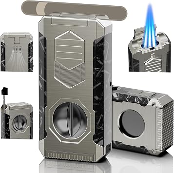 5-in-1 Butane Torch Lighter with Triple Jet Flame, Built-in V & Straight Cutter, Holder, Draw Enhancer Tool, Refillable Windproof Cool Lighter for Candle, Camping, Travel, Outdoor, Gift Box for Men