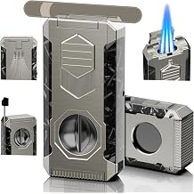 5-in-1 Butane Torch Lighter with Triple Jet Flame, Built-in V & Straight Cutter, Holder, Draw Enhancer Tool, Refillable Windproof Cool Lighter for Candle, Camping, Travel, Outdoor, Gift Box for Men