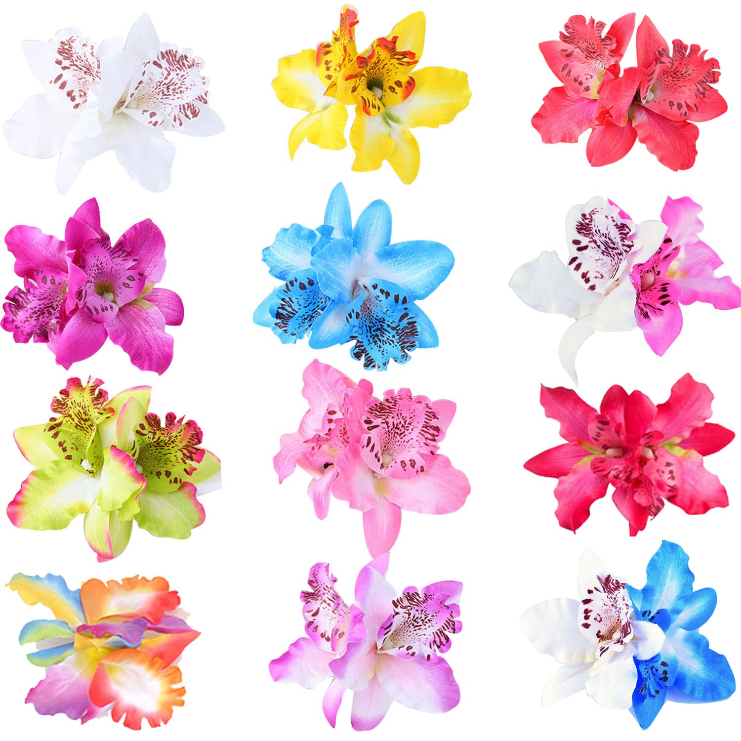 Lawie 12 Pack Fake Artificial Silk Orchid Flower Hair Clips Floral Barrettes With Alligator Brooch Pins Tropical Hair Pieces Tailand Beach Holiday