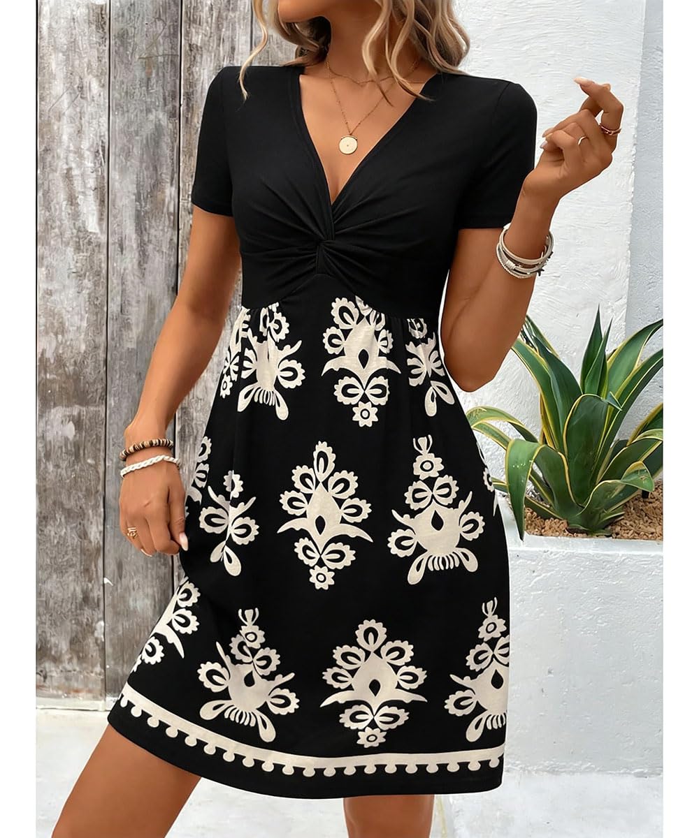 Robe Ete Femme Col V Chic et Elegant Manches Courtes Mini Robe A-Line Décontractée Robes Taille Haute pour Fête Noël Mariage