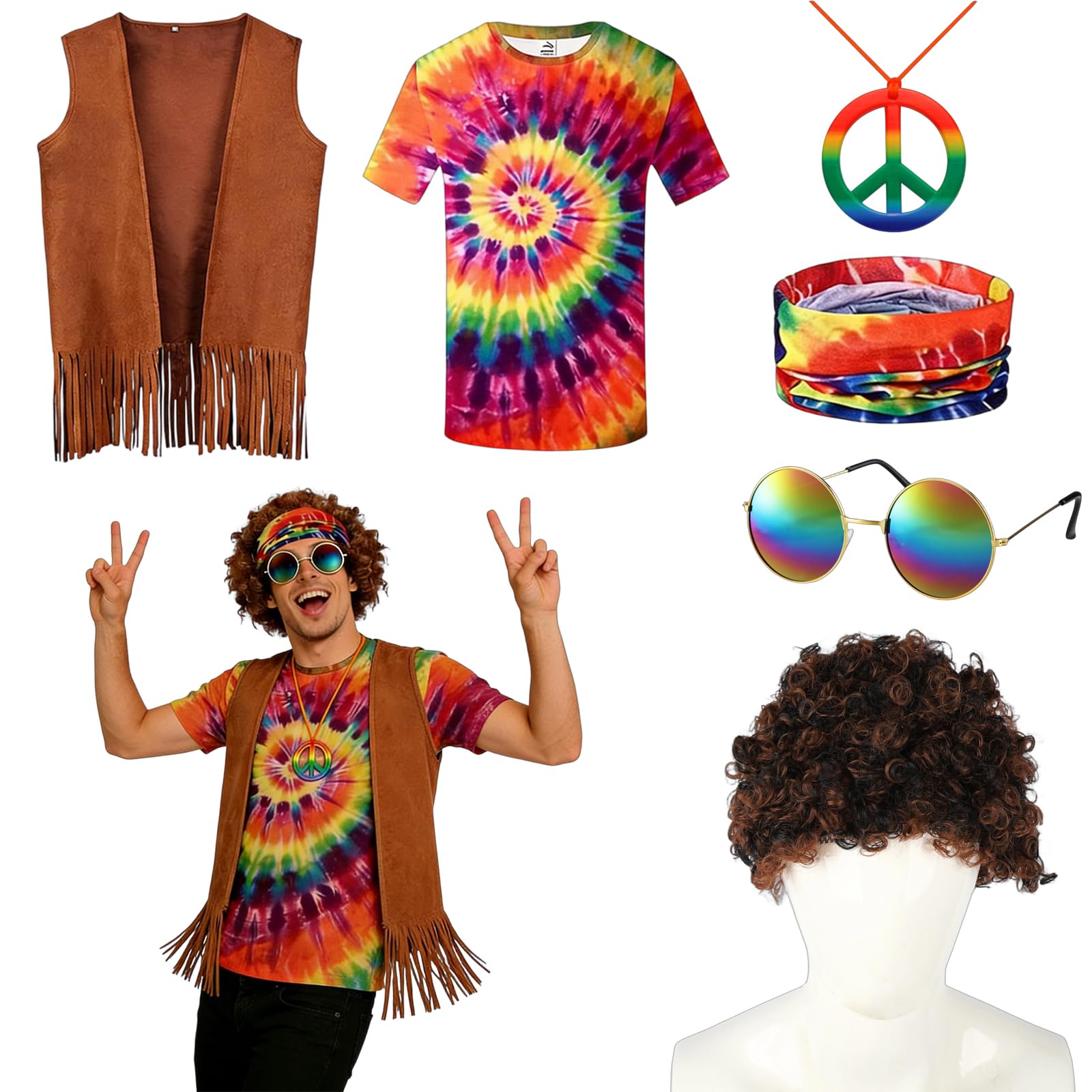 Hippie Costume Set,Conjunto Disfraz Hippie Años 60 y 70,Conjunto de Chaleco con Flecos,ropa con camiseta hippie,accesorios hippie,gafas de paz, peluca para la cabeza,para carnaval, discoteca