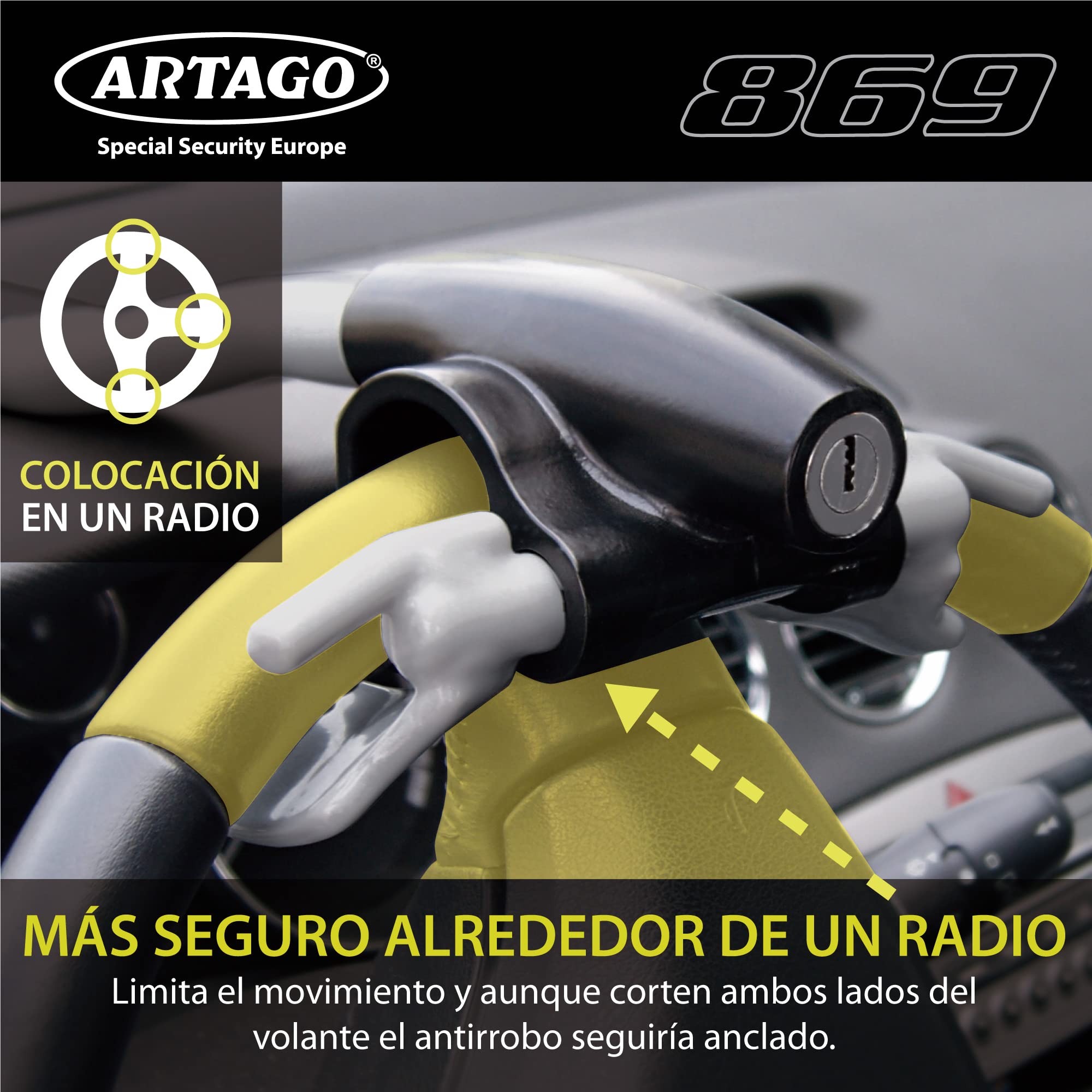 ARTAGO 869 Antirrobo Coche Alta Gama, Bloqueo Volante Más Seguro Alrededor del Radio, Cierre Alta Seguridad Press & Click Más Práctico, Cepo Barra Universal para Auto SUV Camper Autocaravana