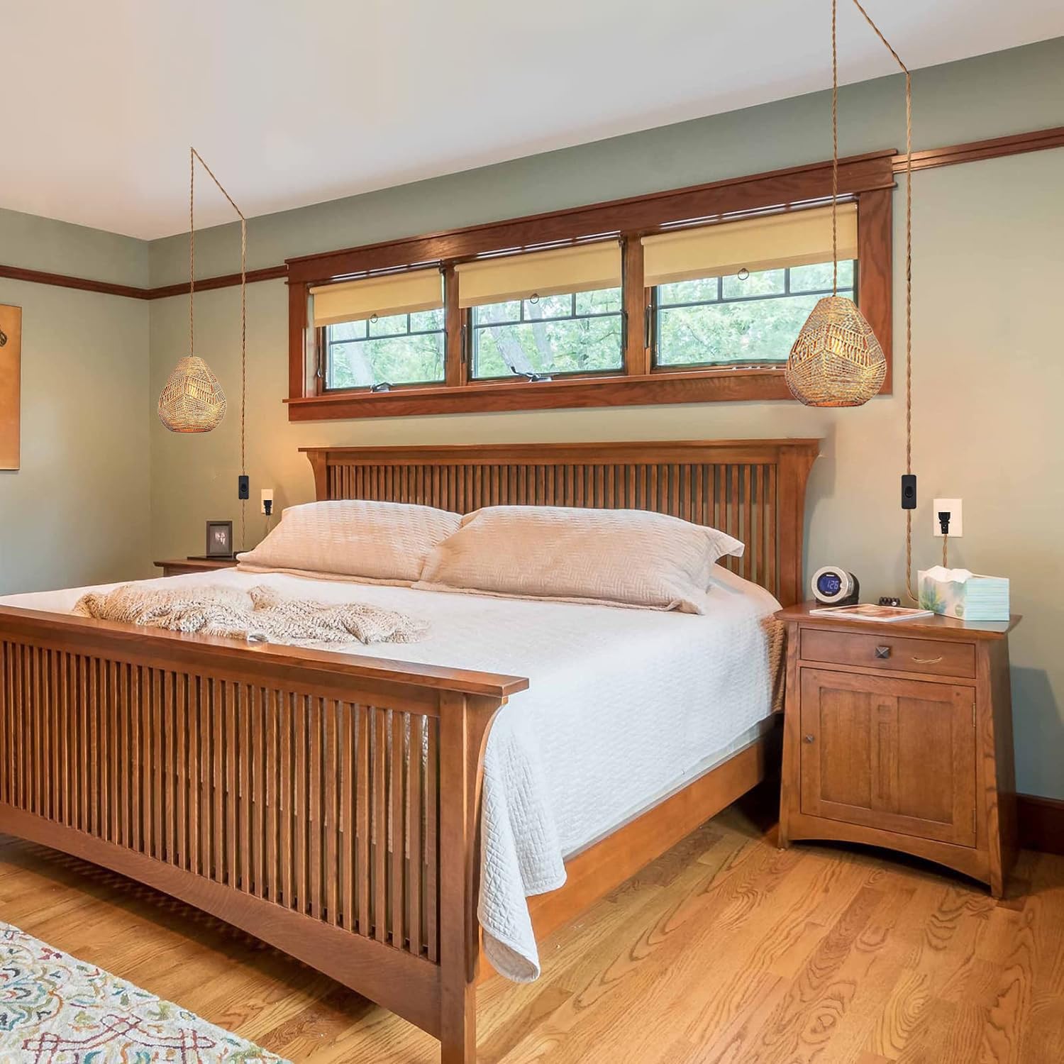 Pendelleuchte Kit mit Stecker Vintage Dimmbar Hängelampe Boho Rattan Lampe Plug in Hängeleuchte mit 4,5 Meter Seil Kabel E27 Handgewebte Lampenschirm Deckenleuchte für Küche Schlafzimmer Wohnzimmer