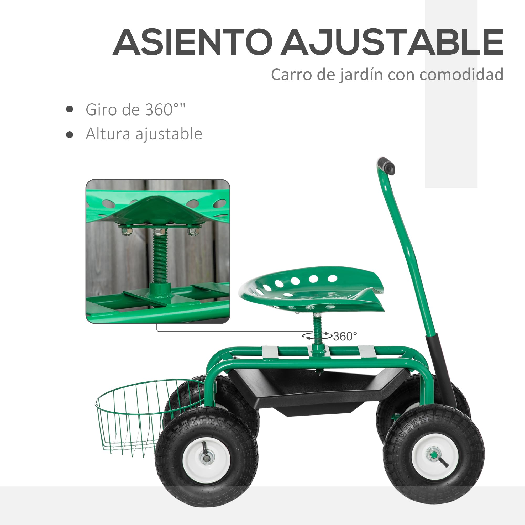 Outsunny Asiento de Jardín con Ruedas, Taburete de Jardinería con Asiento Giratorio y Ajustable en Altura, Ruedas Neumáticas, Bandeja de Herramientas y Cesta, Carga 150 kg para Patio, Exterior, Verde